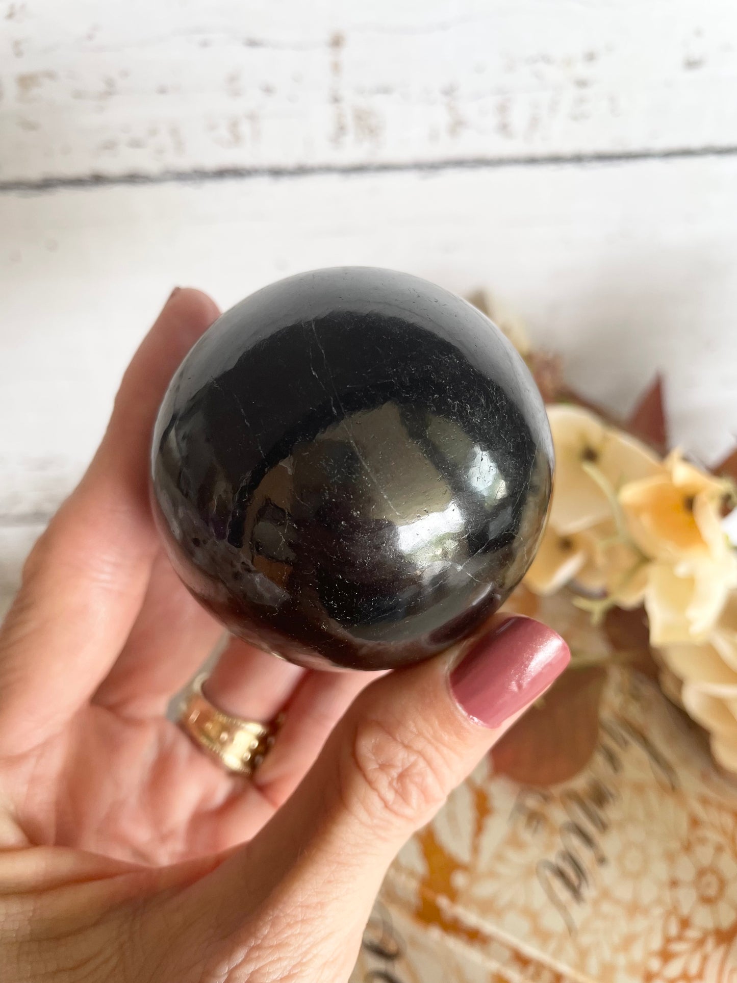 Black Tourmaline Sphere Includes Wooden Holde