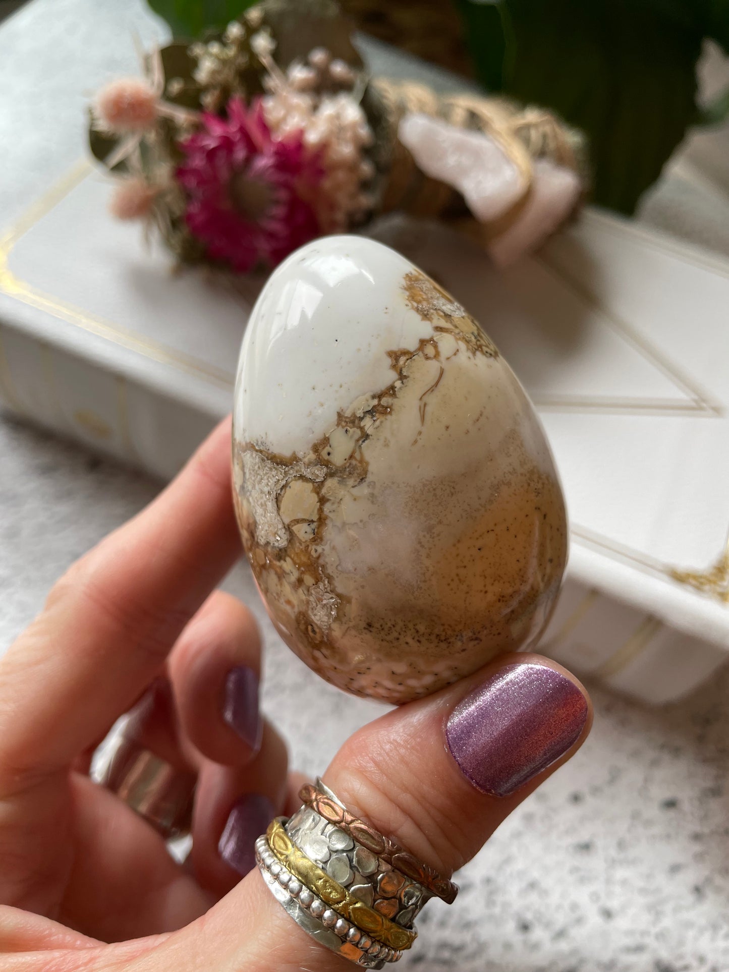 Spotted Agate Egg Includes Hematite Ring