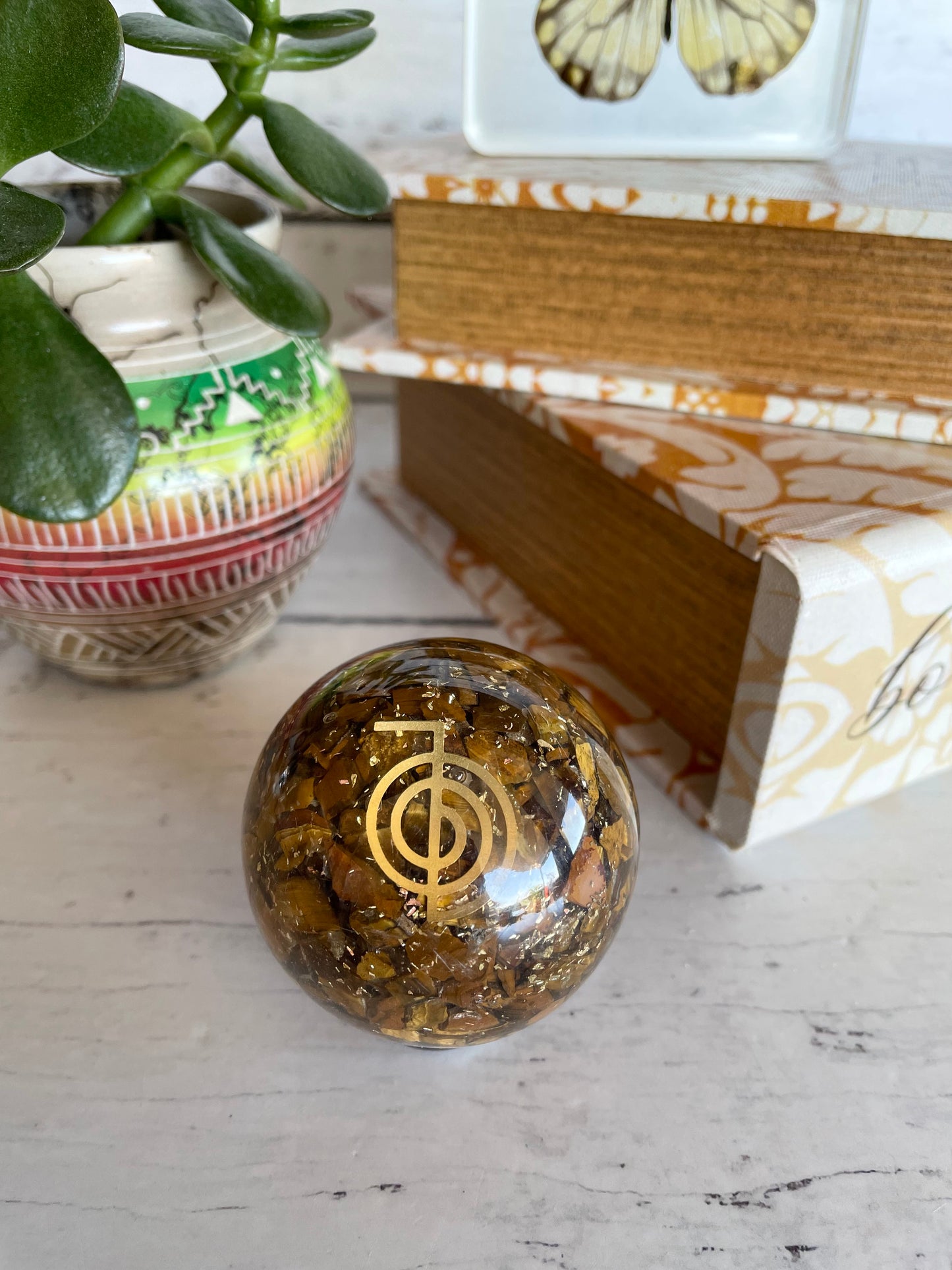 Orgone Sphere - Tigers Eye Includes Wooden holder