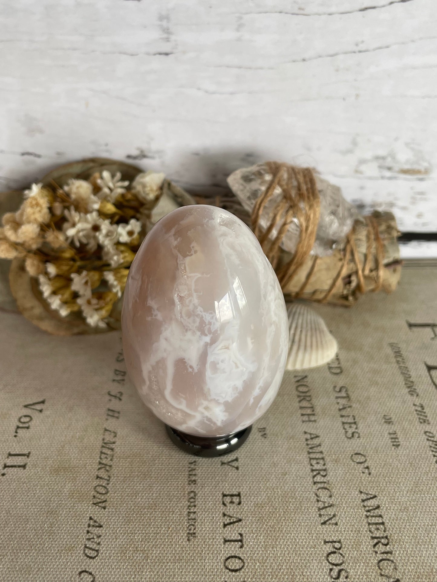 Snow Agate Egg Includes Hematite Ring