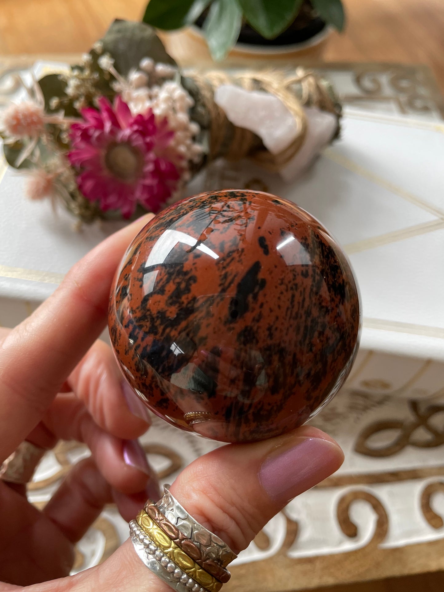 Mahogany Obsidian Sphere Includes Wooden Holder