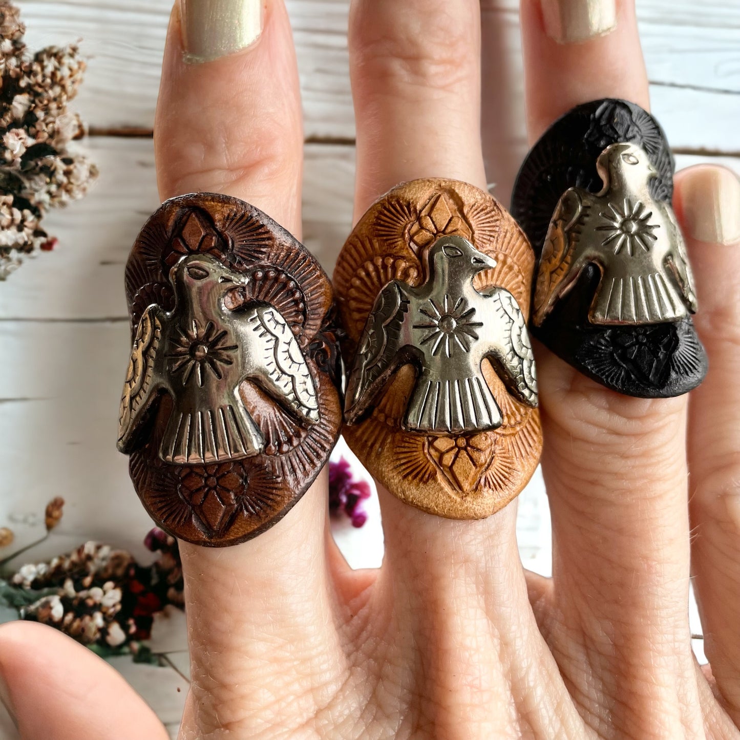 Leather Thunderbird Ring