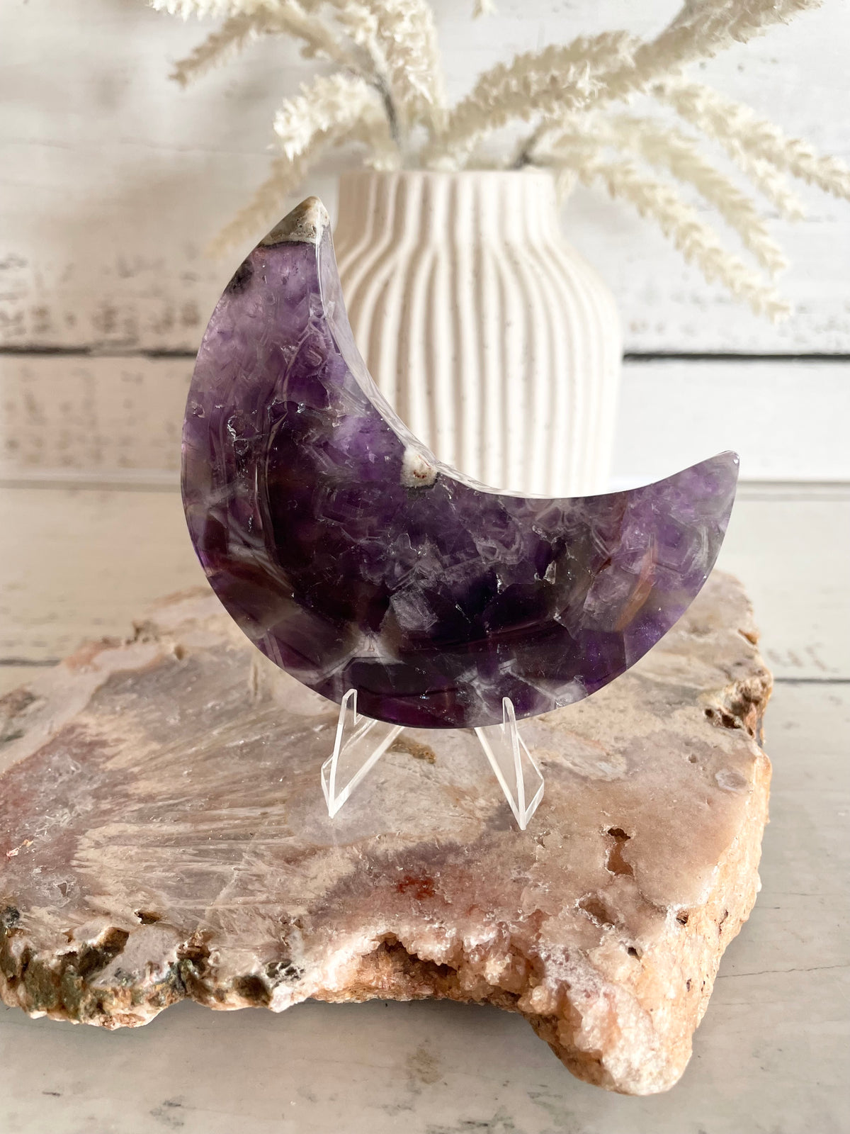 Chevron Amethyst Crescent Moon includes stand