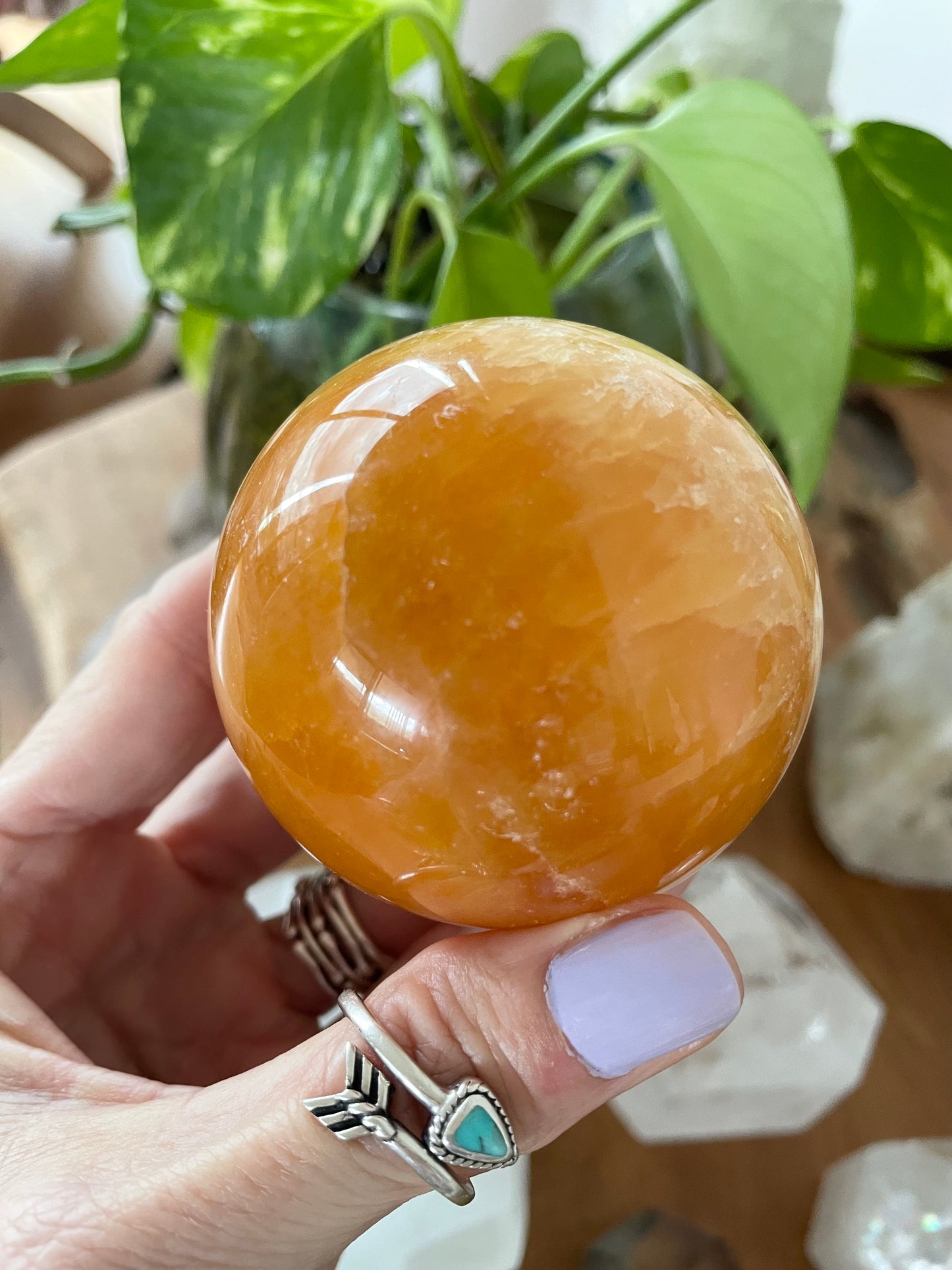 Orange Calcite Sphere Includes Wooden Holder