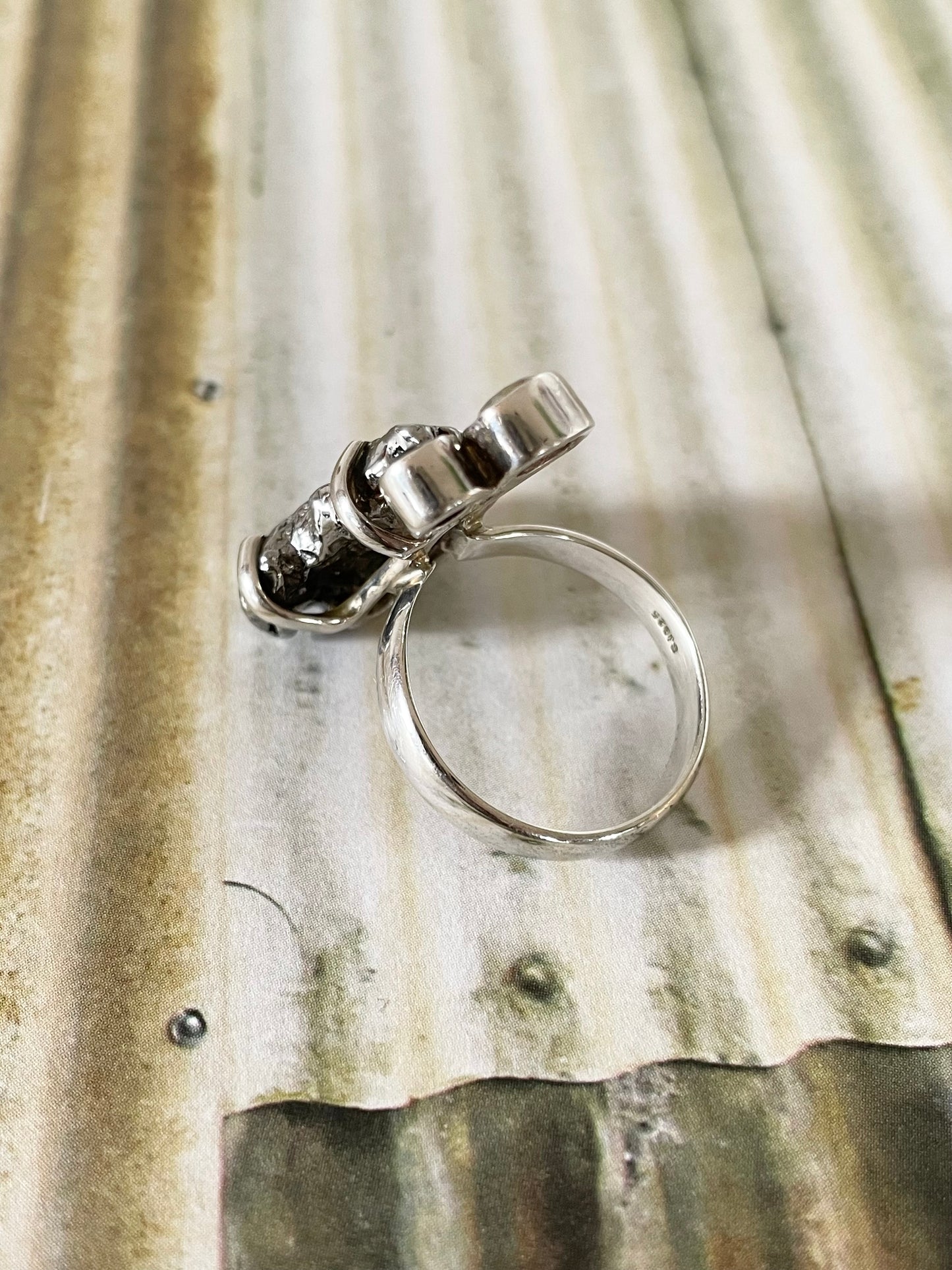 Raw Meteorite with green amethyst/smoky qtz Ring - size 8