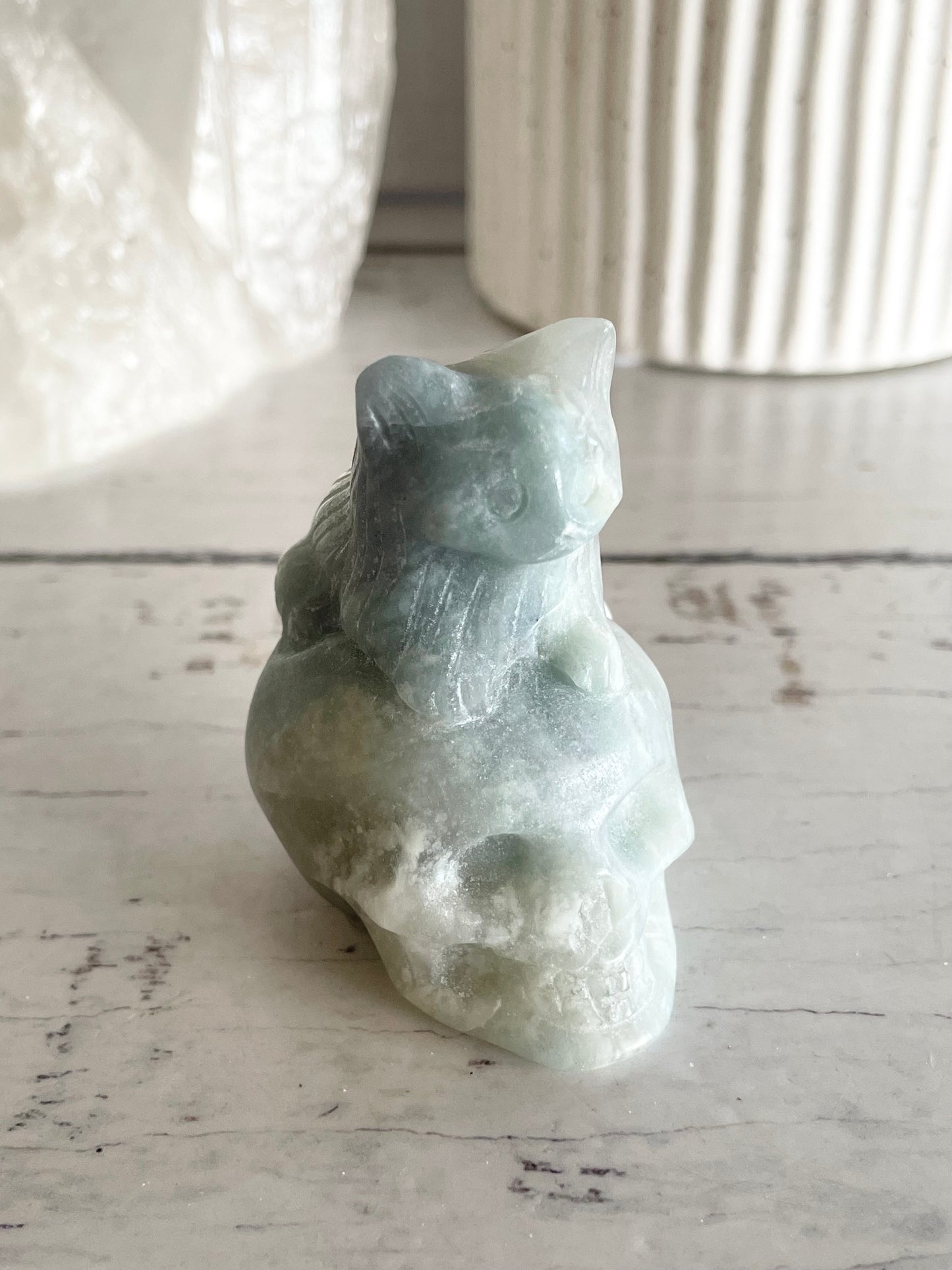 Blue Calcite Cat on Skull