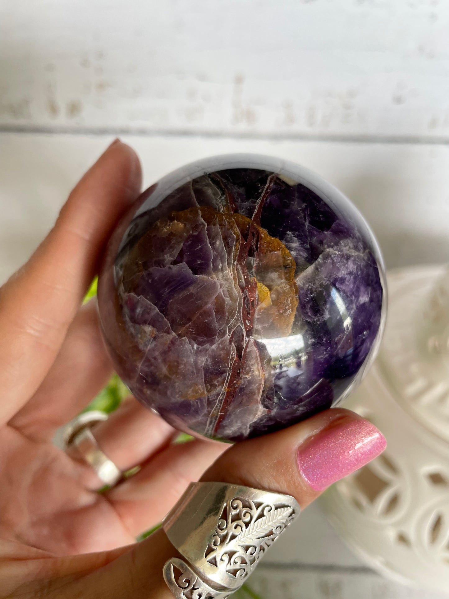 Chevron Dream Amethyst Sphere Includes Wooden Holder