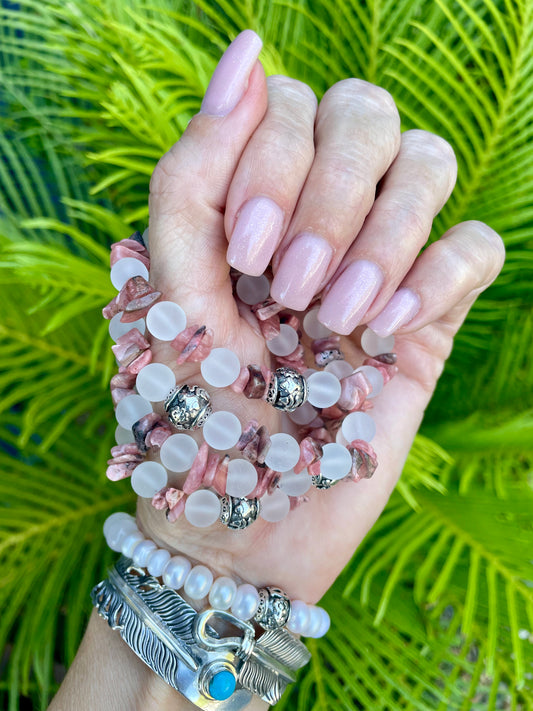 Rhodochrosite & Frosted Clear Quartz gemstone Bracelet