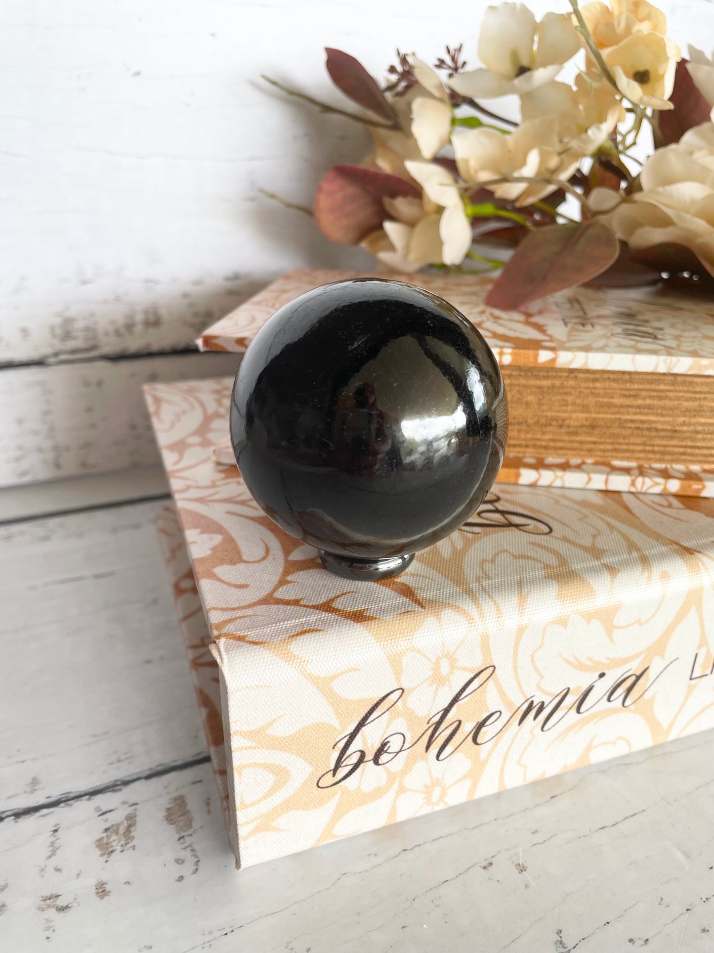 Black Tourmaline Sphere Includes Wooden Holde