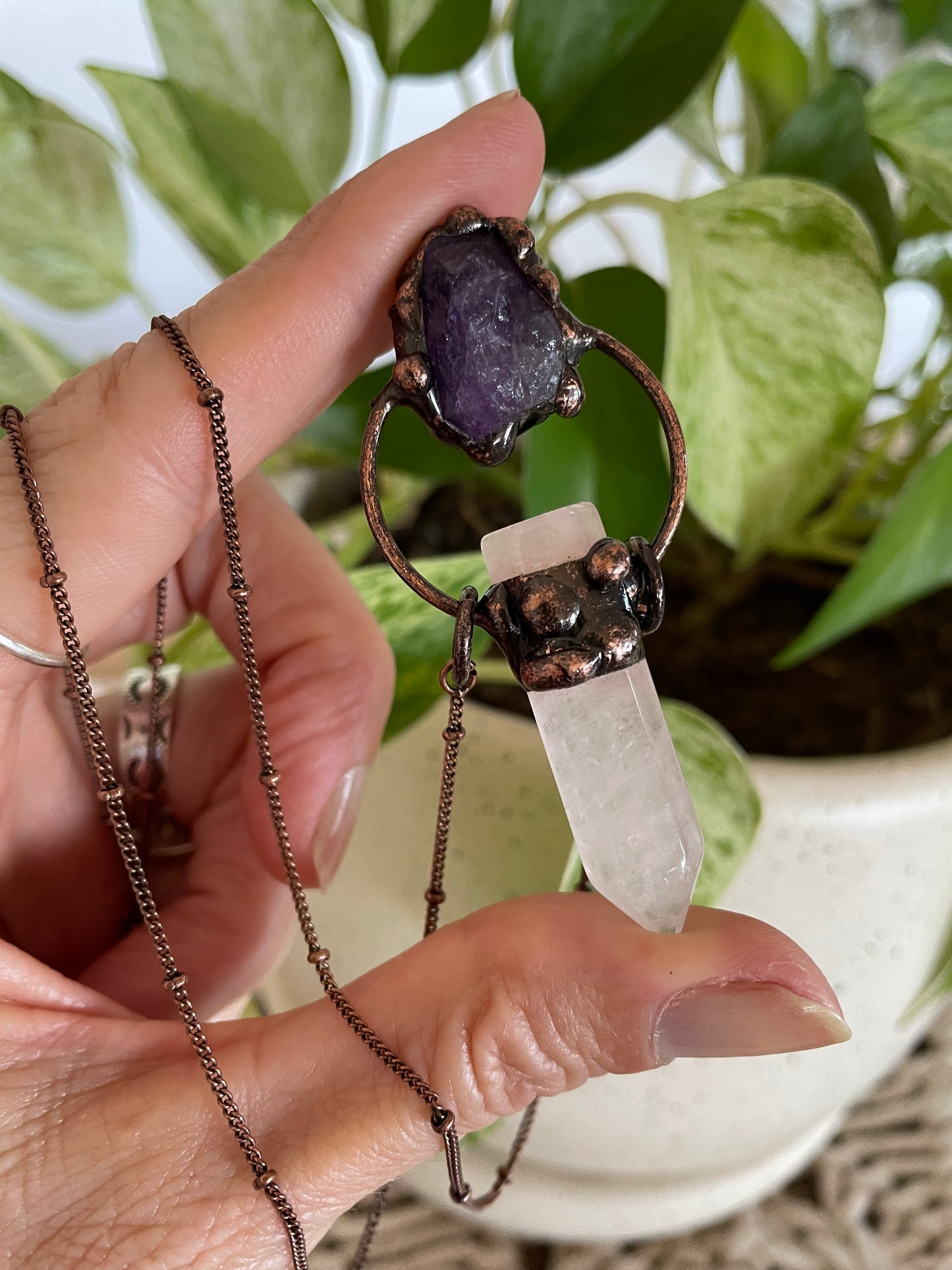 Copper electroplated Necklace ~ Amethyst & Clear Quartz