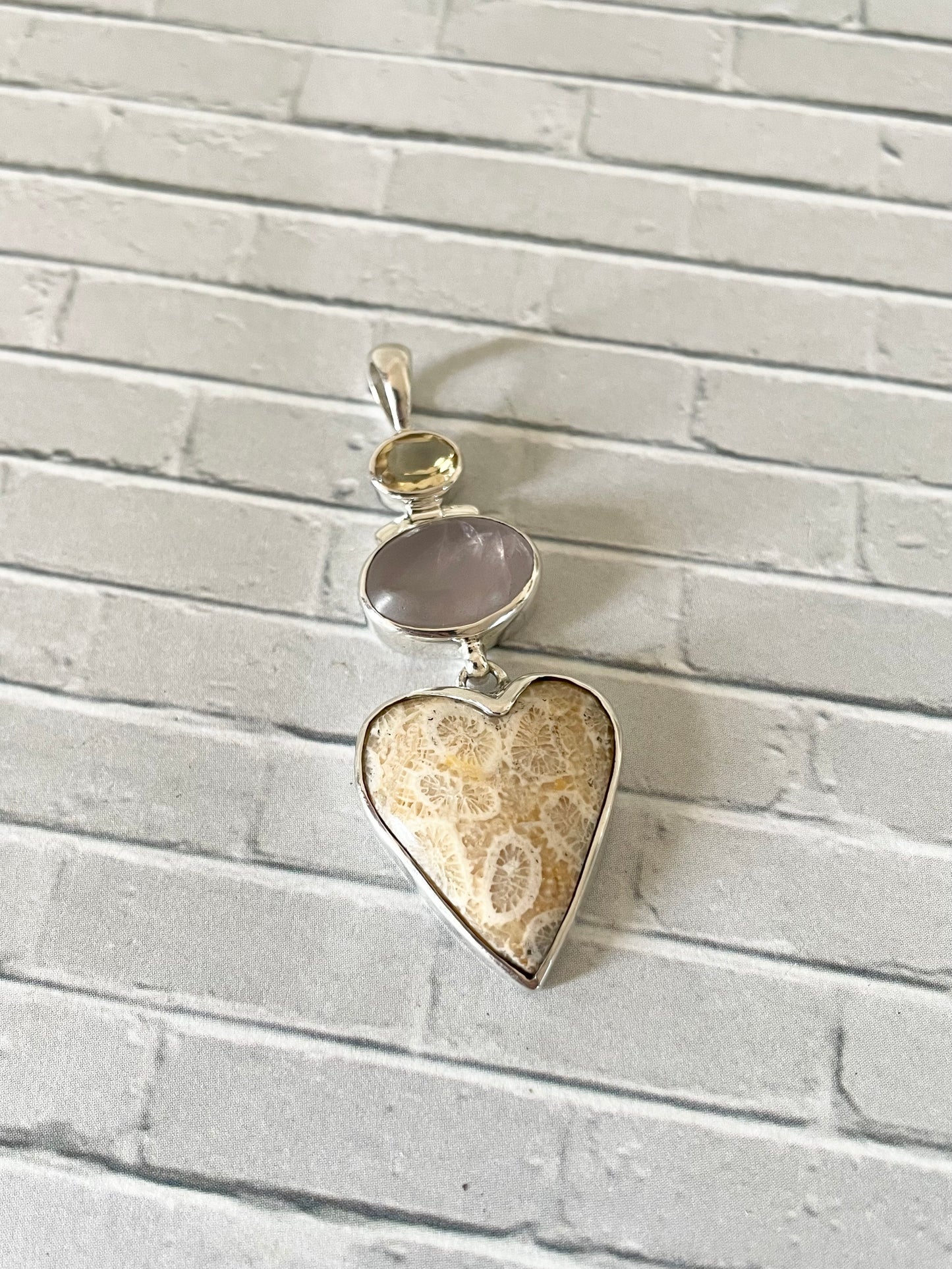 Citrine, Rose Quartz & Fossil Coral Pendant