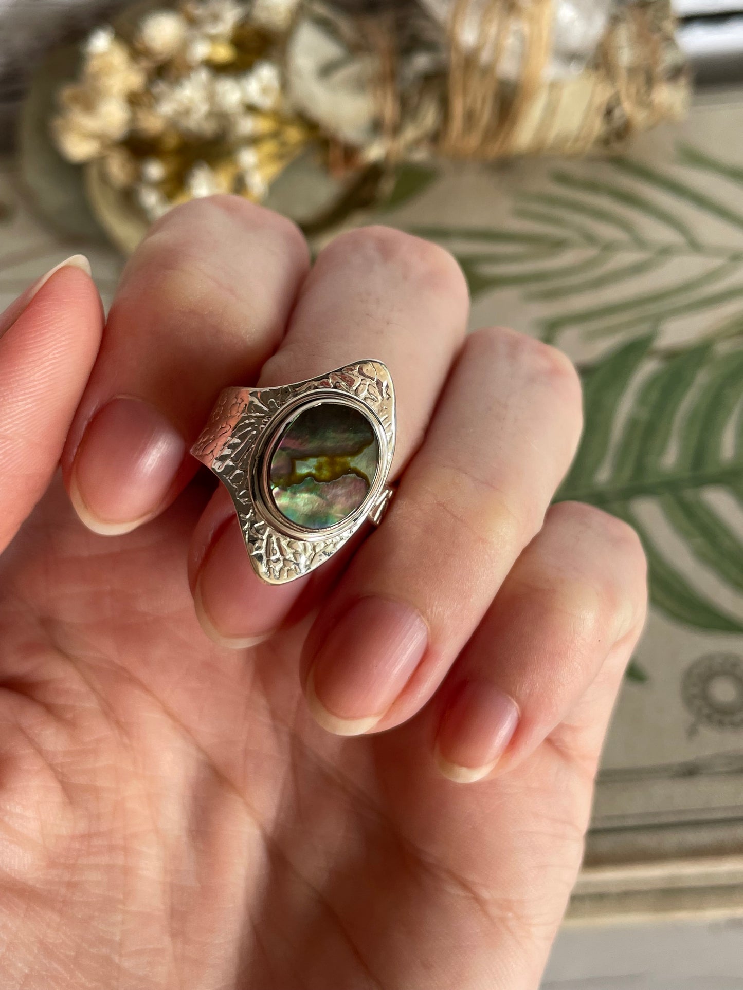 Abalone Shell Silver Adjustable Ring