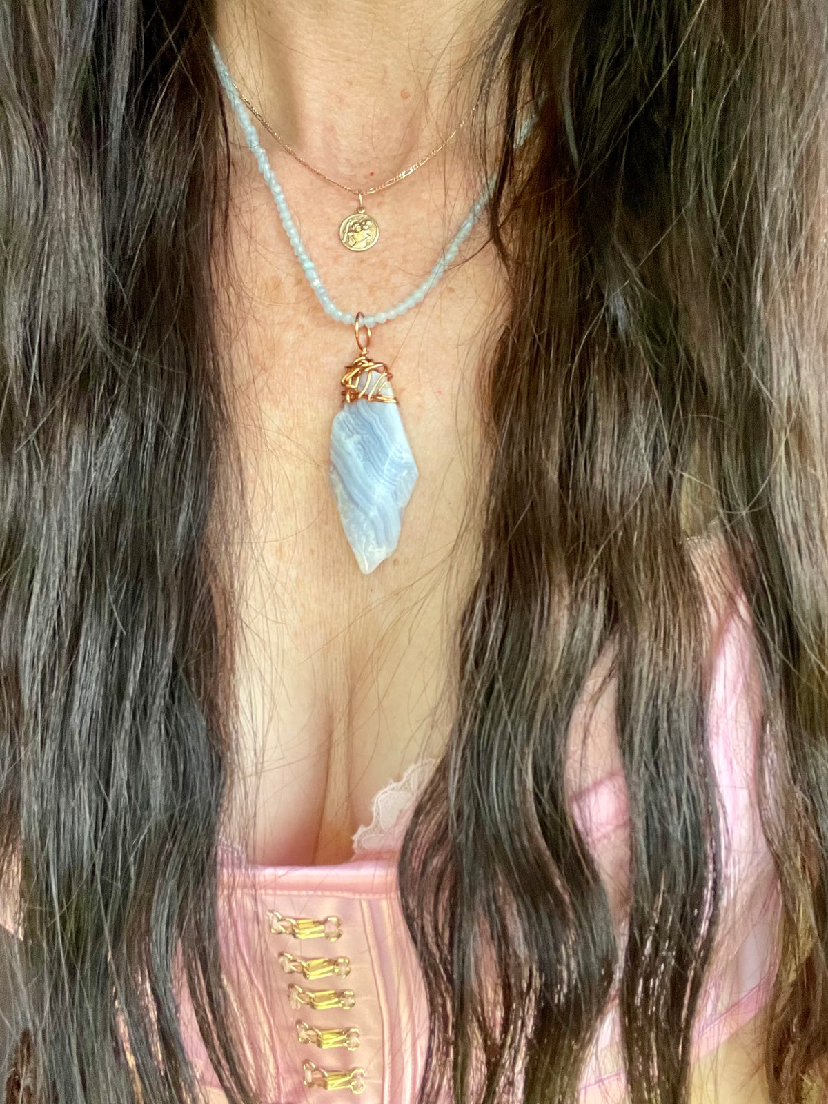 Blue lace agate & Angelite Wrapped Necklace