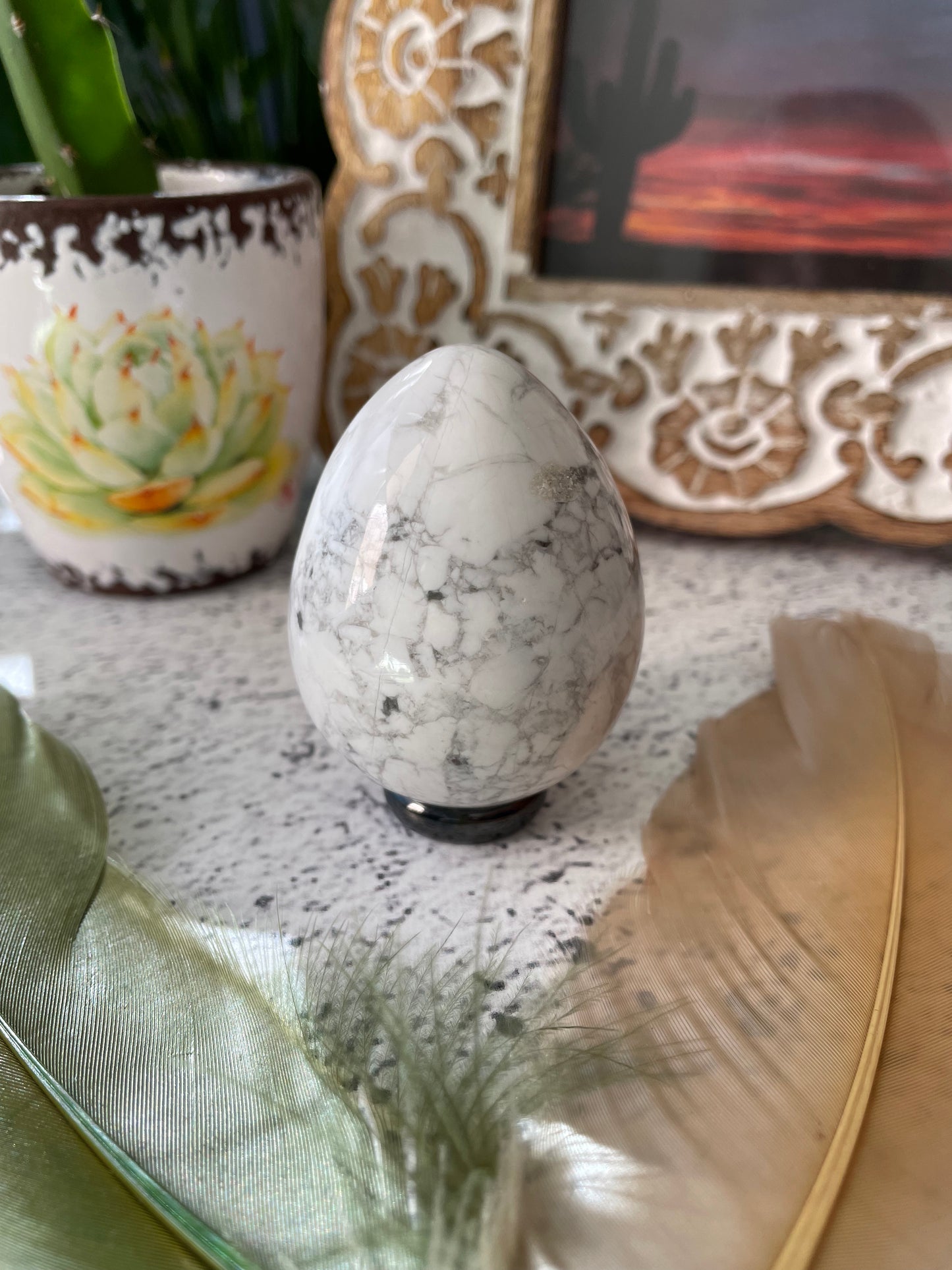 White Howlite Egg Includes Hematite Ring