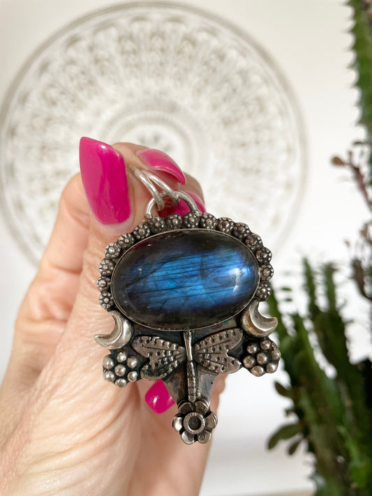 Labradorite dragonfly moon pendant