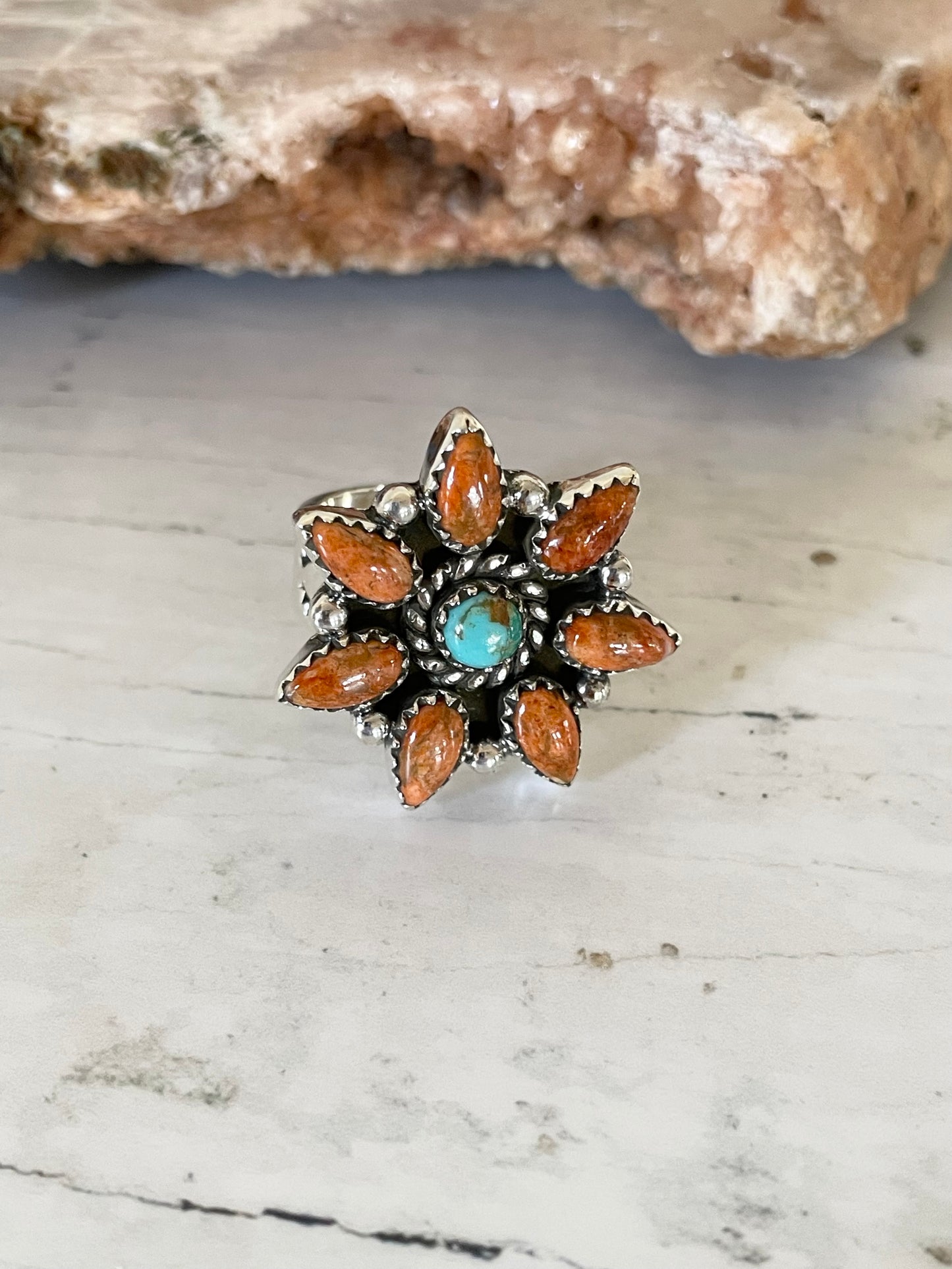 Navajo Style Mojave Turquoise Ring ~ adjustable size 6-9