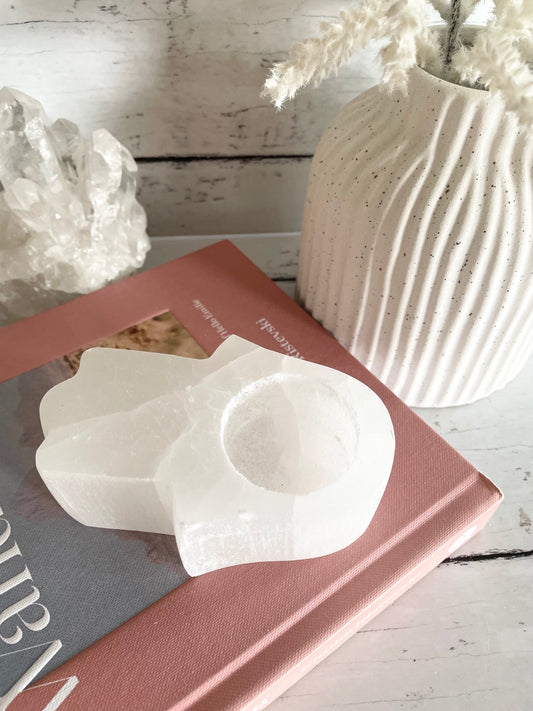 Selenite hamsa candle holder