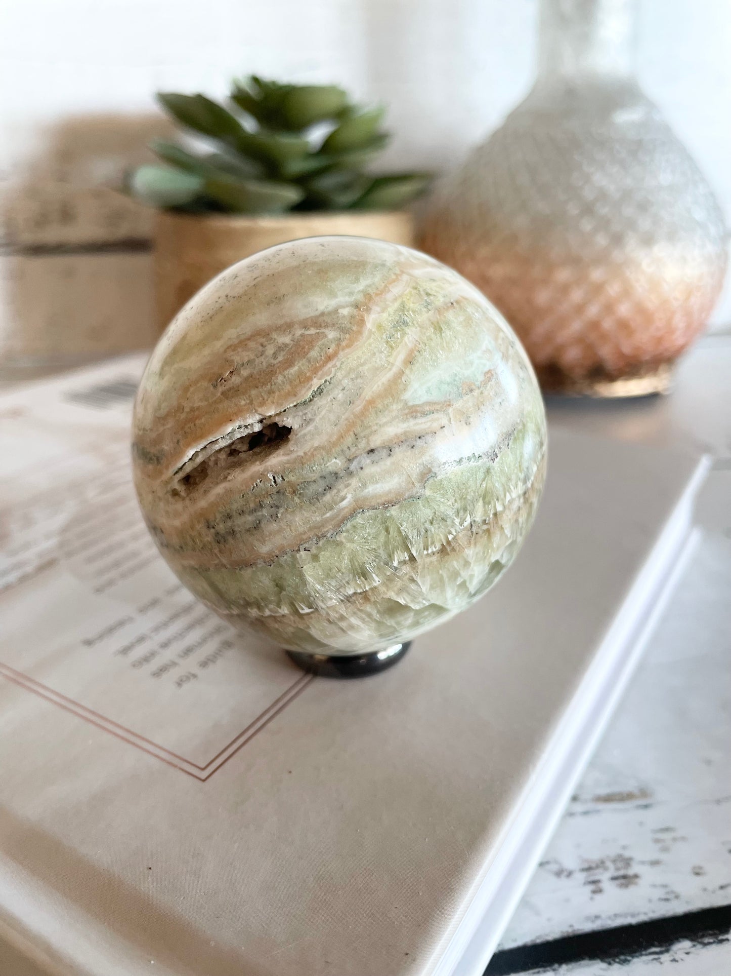 Green Calcite Sphere Includes Holder