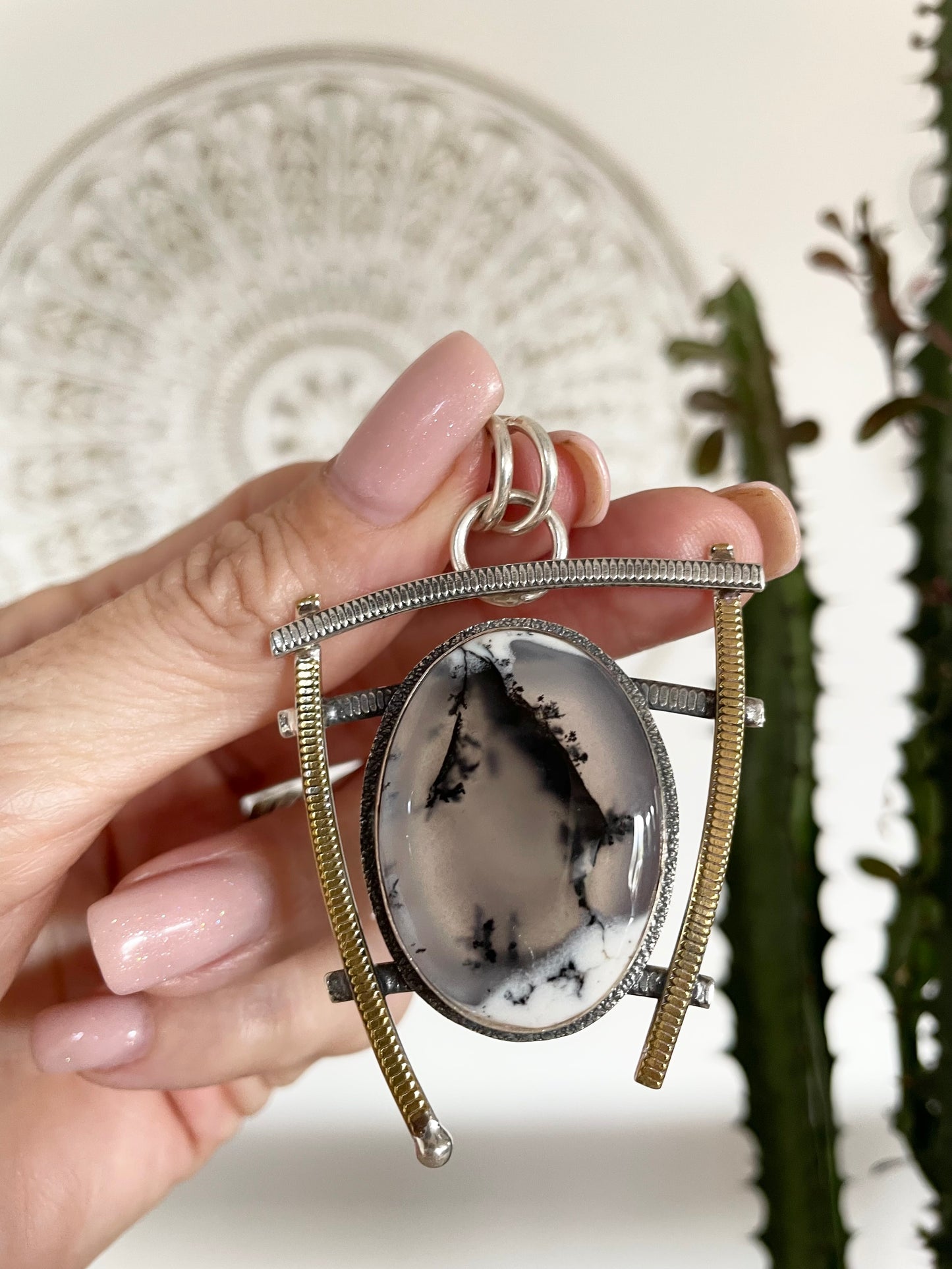 Dendritic Opal silver/gold pendant