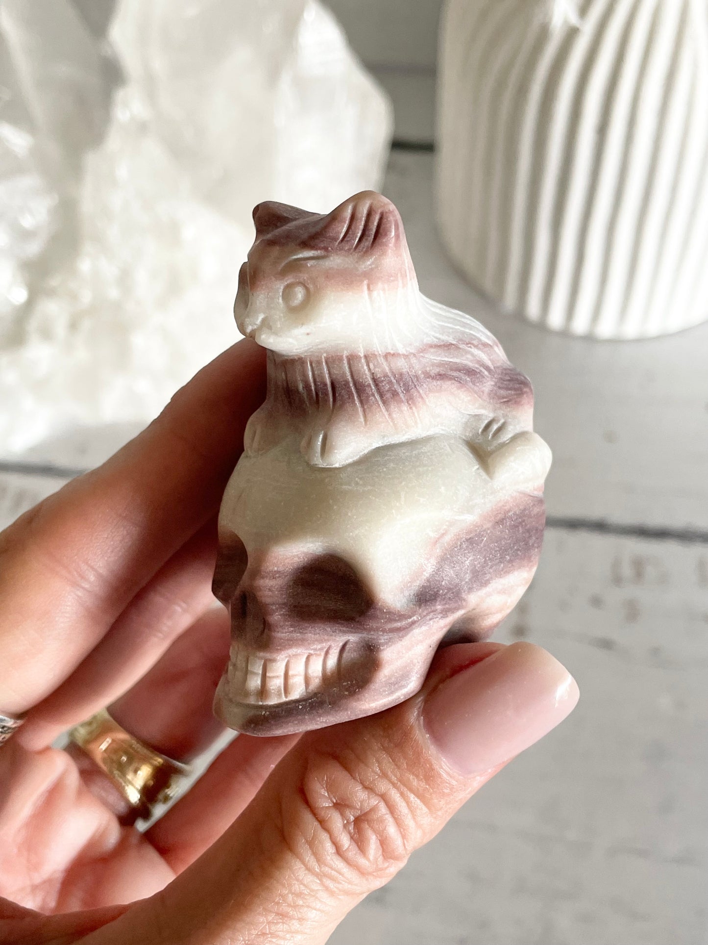 Tri Calcite Cat on Skull