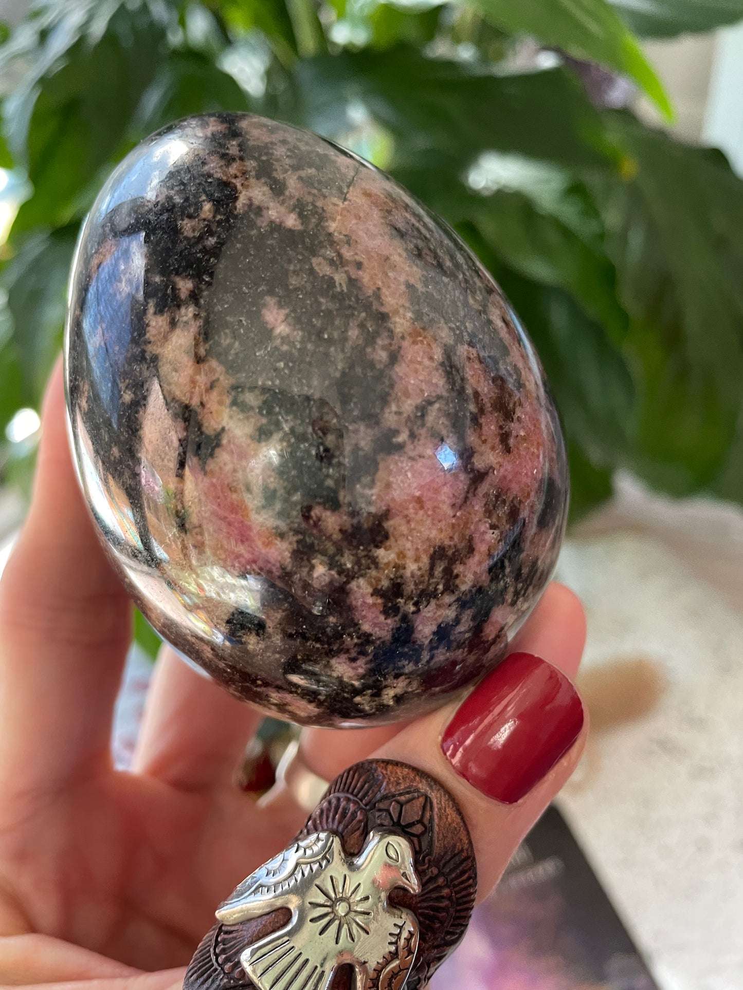 Rhodonite Egg Includes Hematite Ring