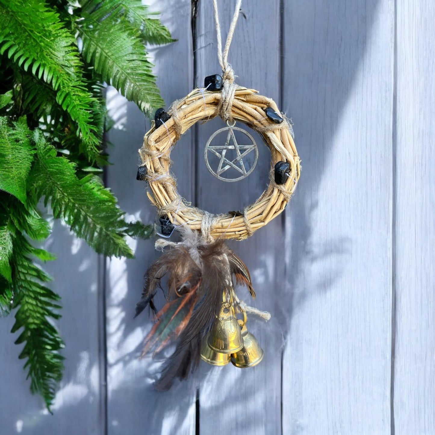 Witch Pentacle Protection Talisman ~ Feathers & Bells Wreath