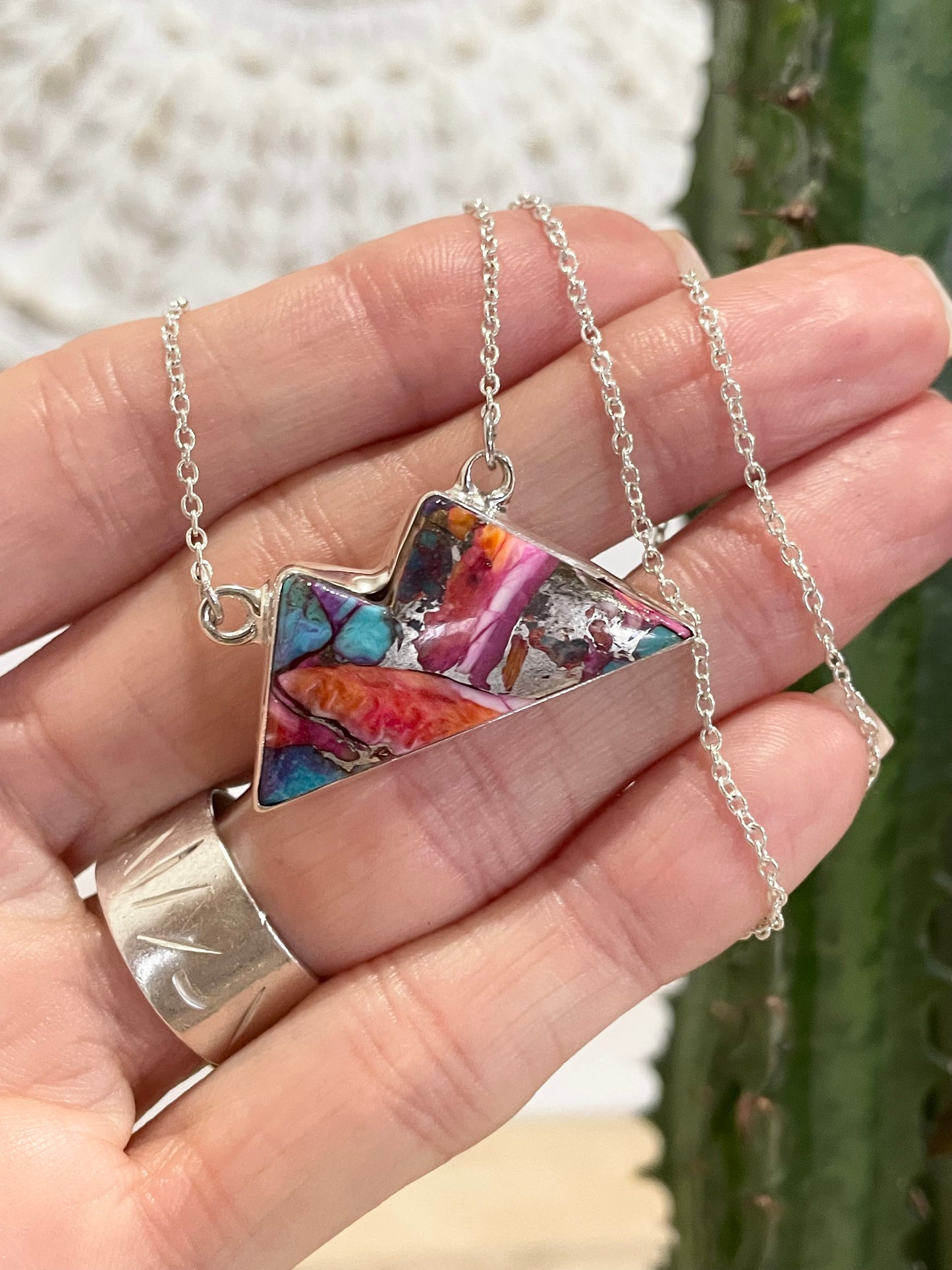 Copper Turquoise/Spiny Oyster Mountain Range  Necklace