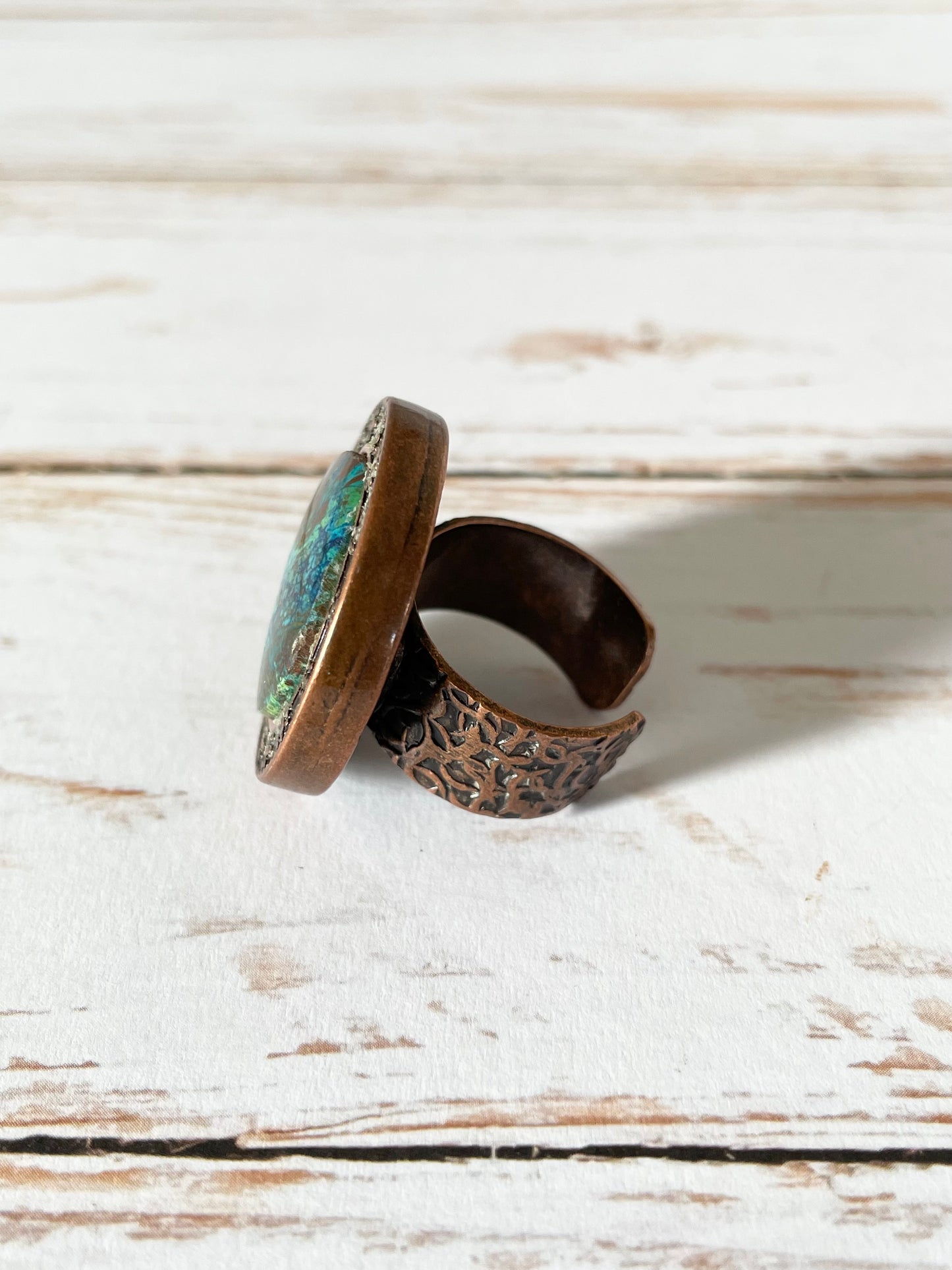 Copper Antiqued Ring ~ Azurite adjustable ring 6-10