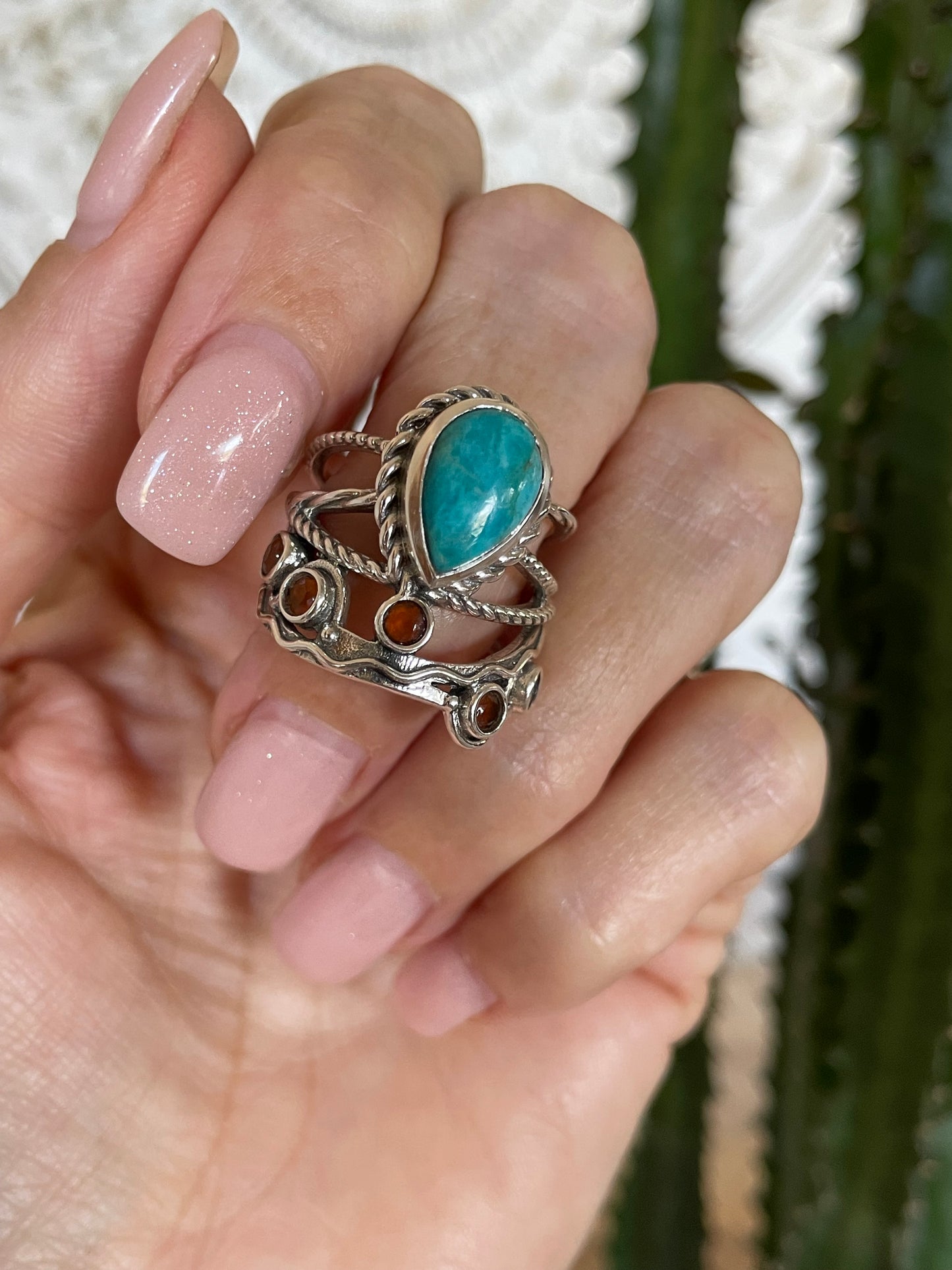 Mojave Turquoise & Garnet Ring - size 7.5