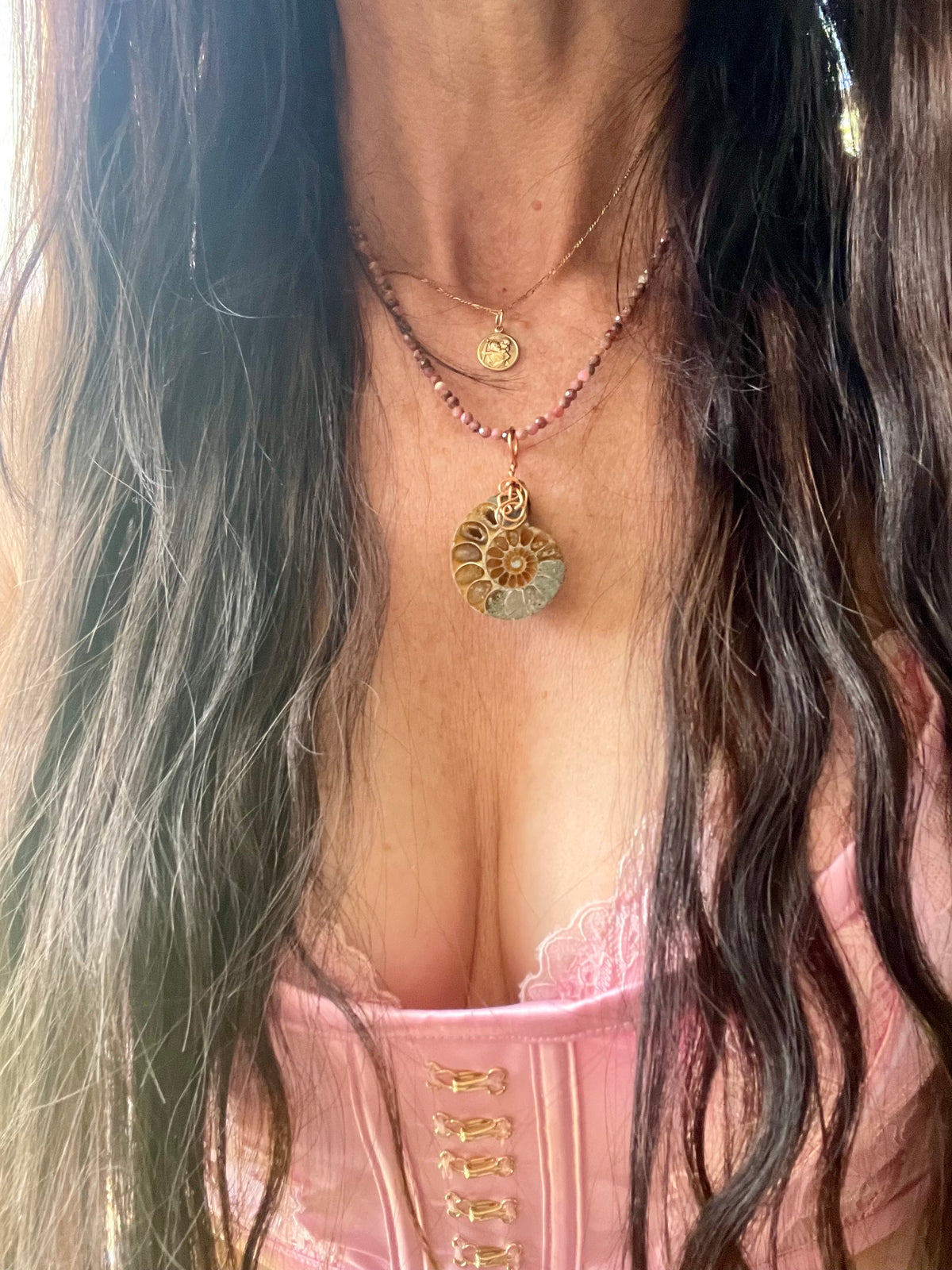 Ammonite & Rhodonite Wrapped Necklace