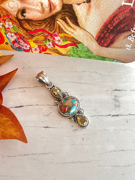 Citrine & Spiny Oyster Silver Pendant