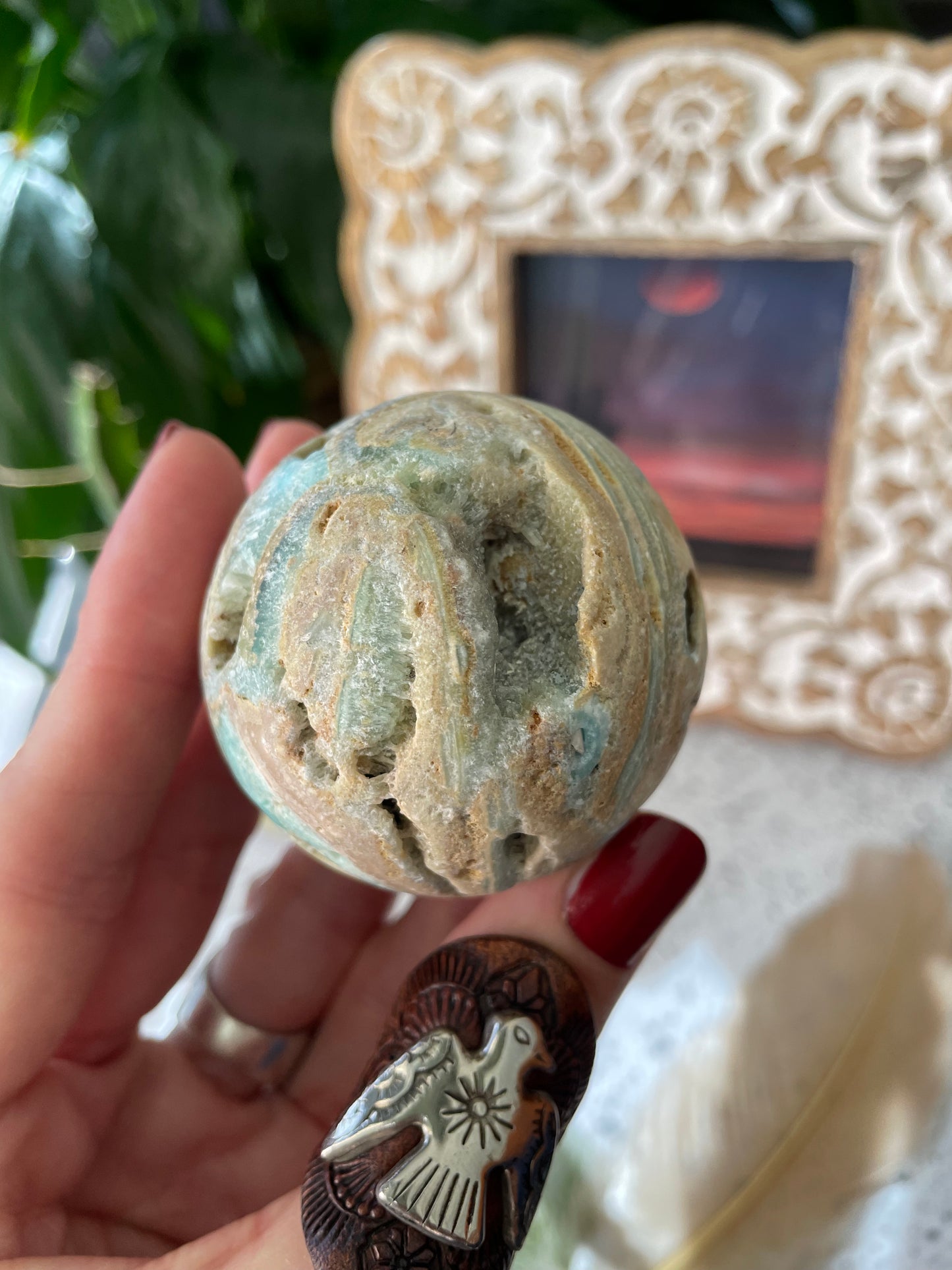 Hemimorphite Sphere Includes Wooden Holder