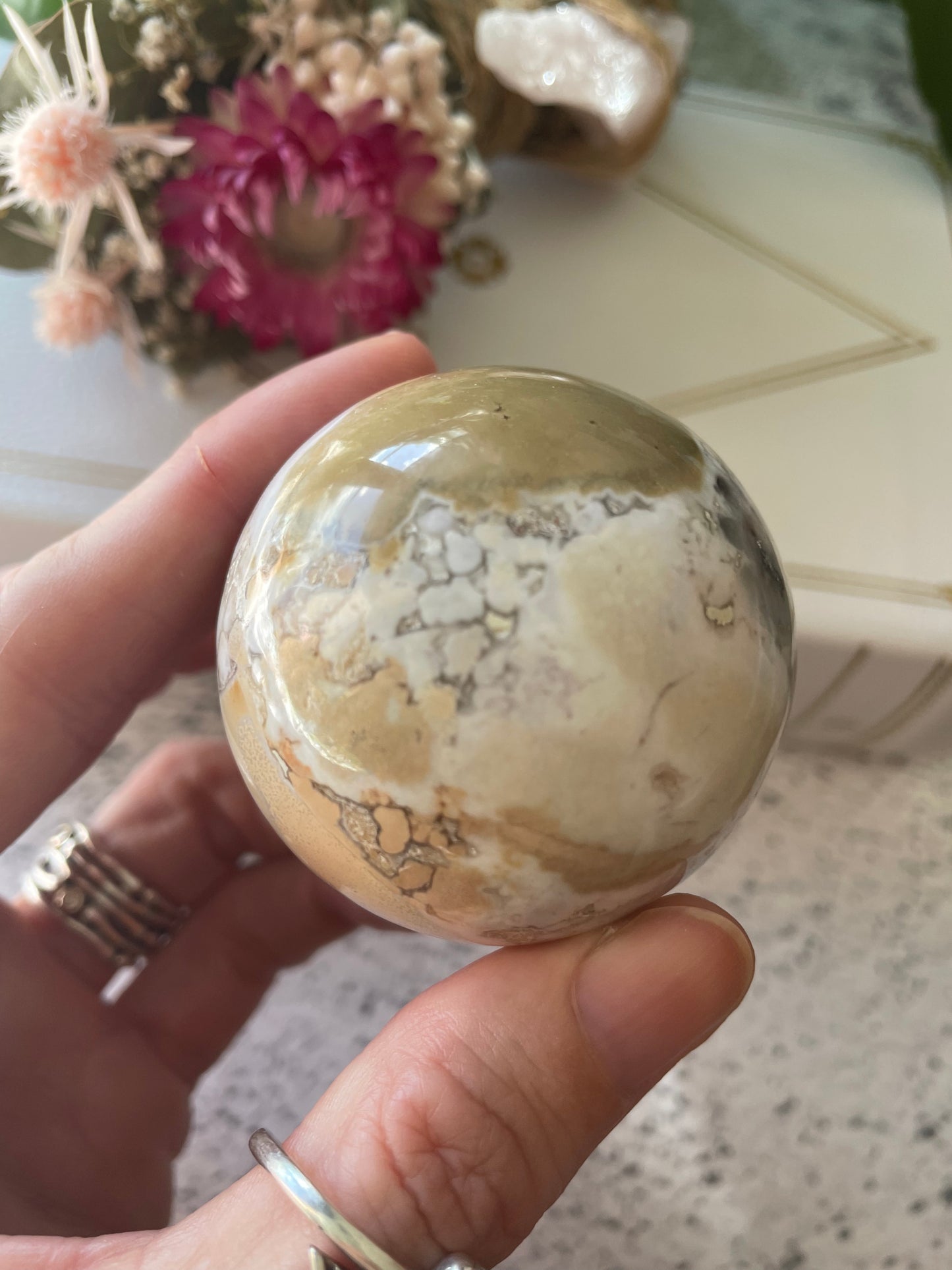 Spotted Agate Sphere Includes Wooden Holder