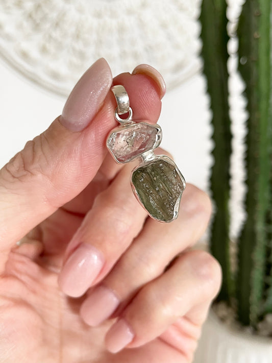 Moldavite & Herkimer Pendant
