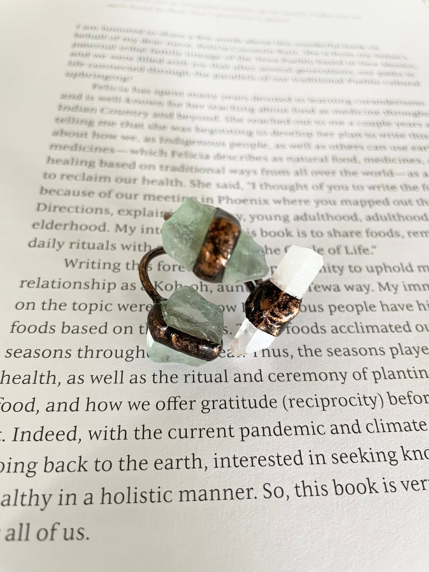 Copper electroplated Ring ~ Clear Quartz & Green Fluorite Ring