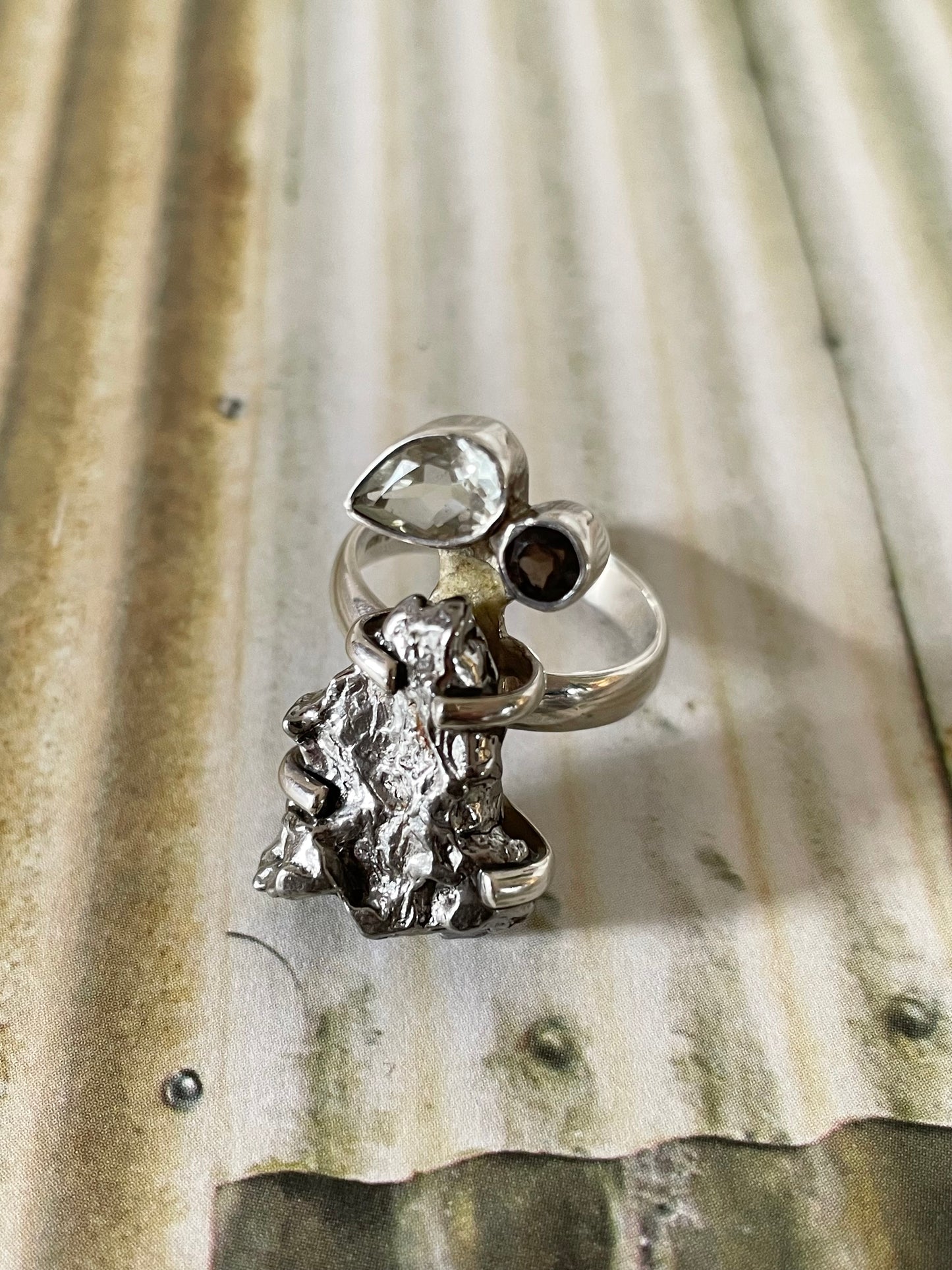 Raw Meteorite with green amethyst/smoky qtz Ring - size 8
