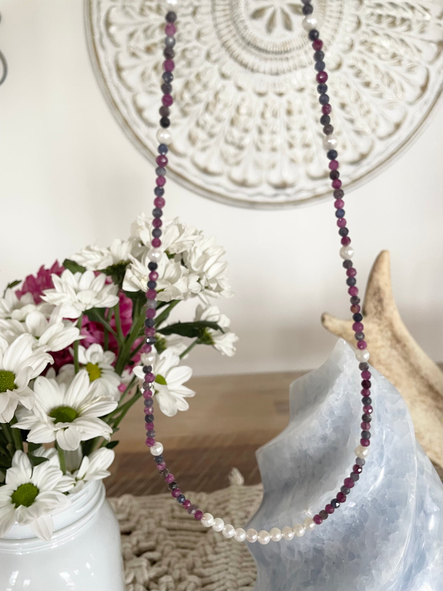 Red Corundum Sapphire & Pearl Faceted Necklace - Made by Wayne