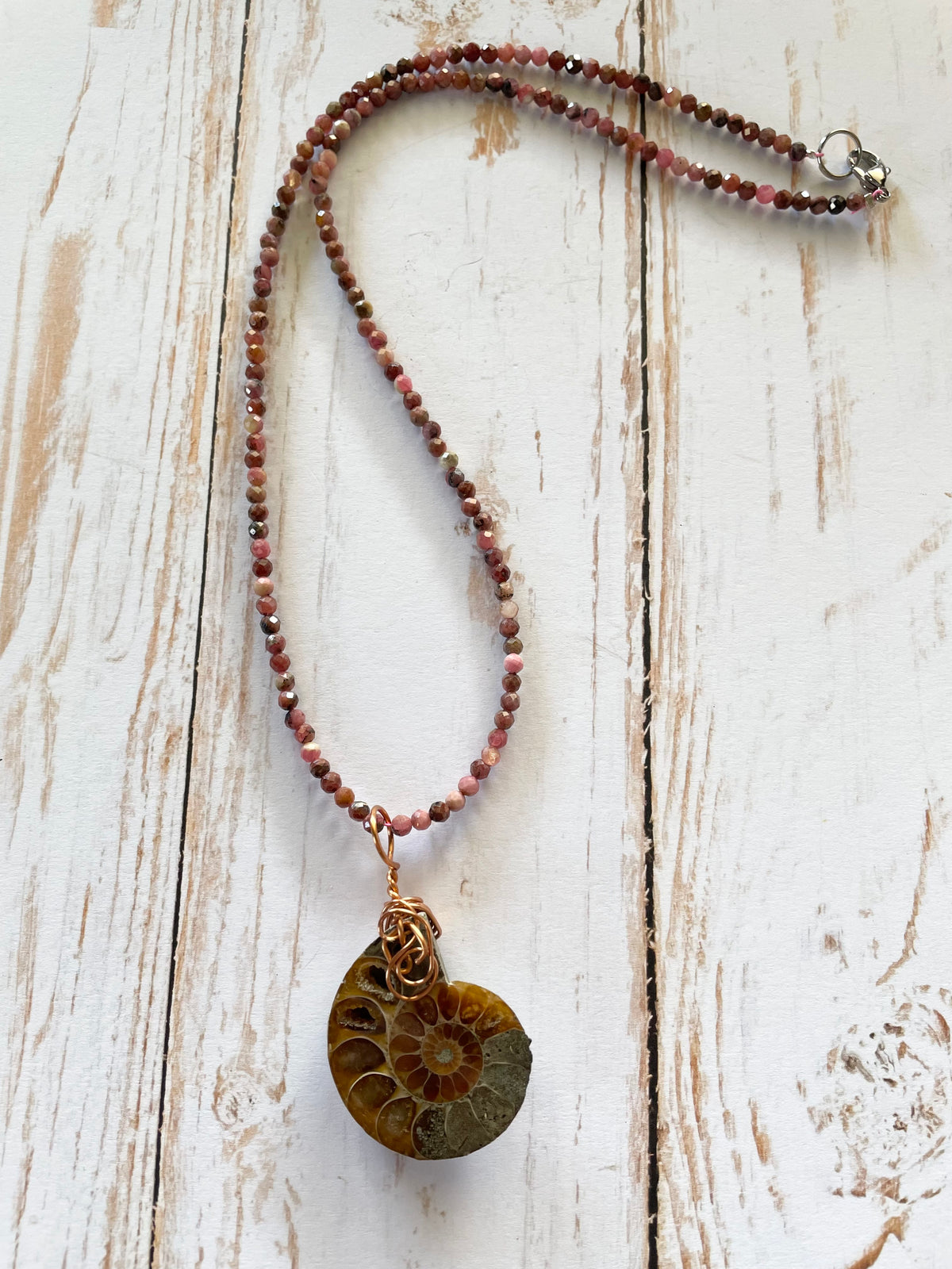 Ammonite & Rhodonite Wrapped Necklace