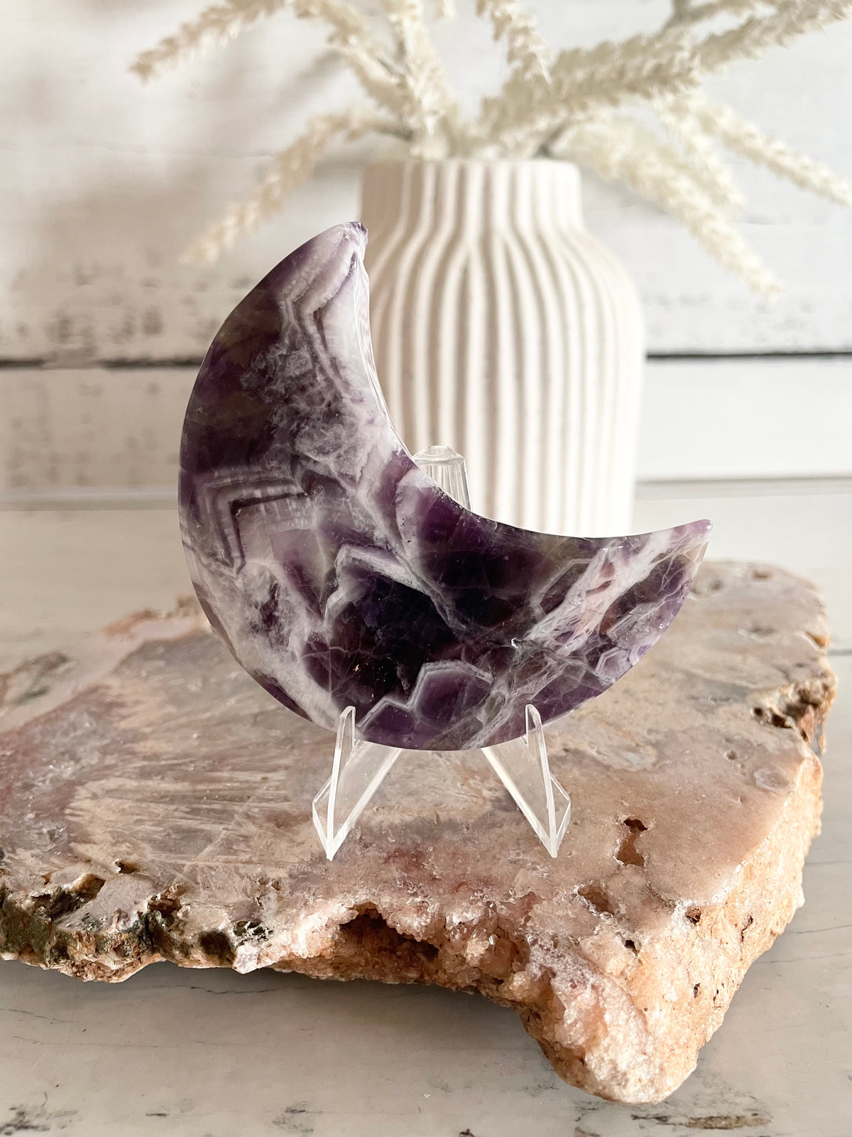 Chevron Amethyst Crescent Moon includes stand