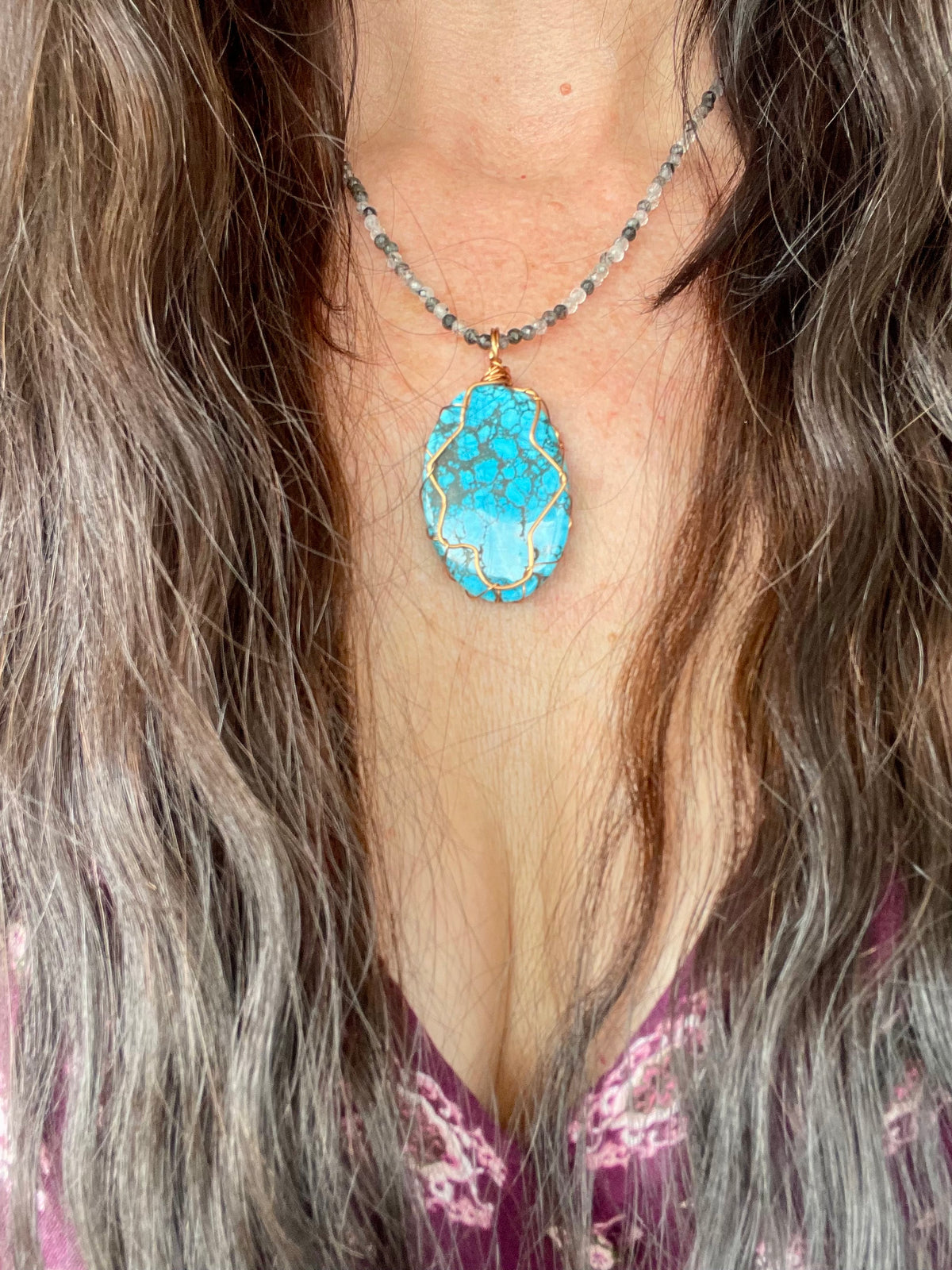 Blue Howlite & Tourmaline in Quartz Copper Wrapped Necklace
