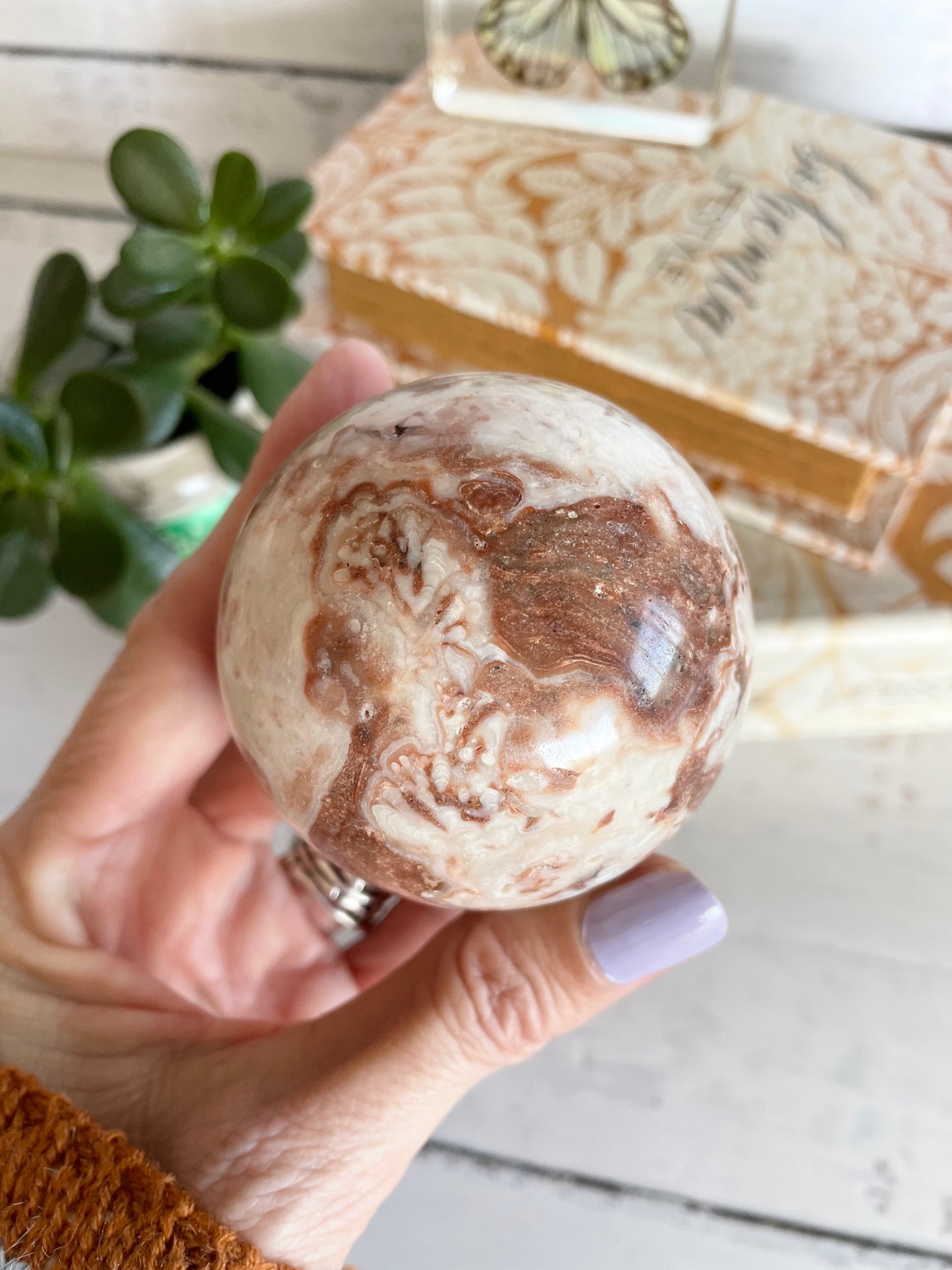 Calcite Sphere Includes Wooden Holder