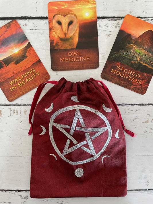 Wicca Drawstring Pouch ~ Pentacle Moons Burgundy