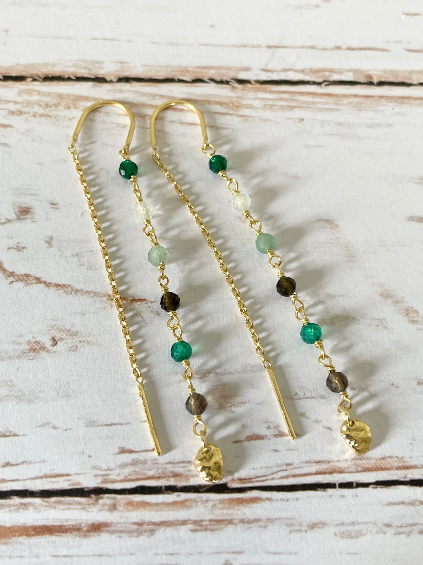 18K Gold Electroplated Dangles - Emerald/Smoky Quartz/Chalcedony