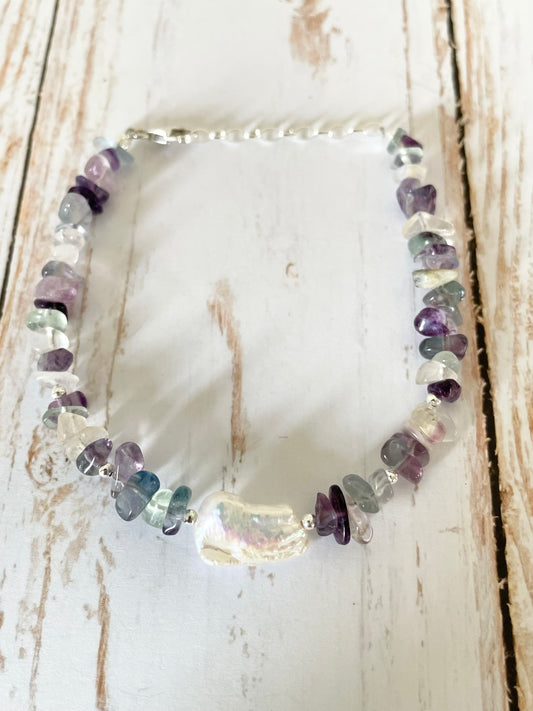 Sterling Silver Rainbow Fluorite & Pearl Bracelet