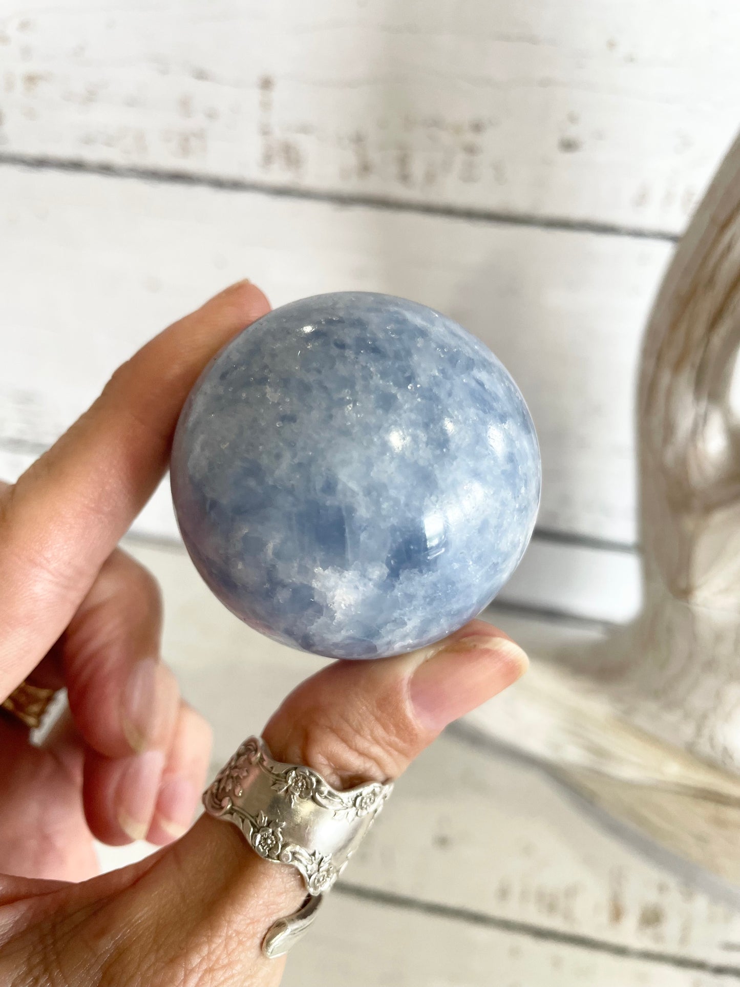 Blue Calcite Sphere Includes Wooden Holder