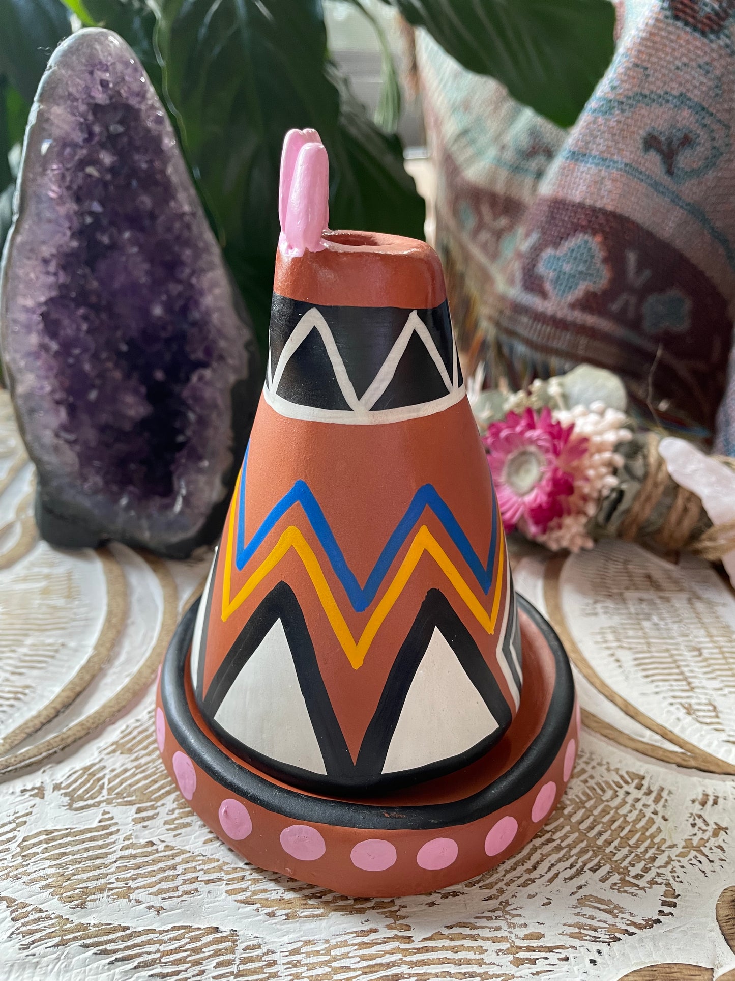 Handmade Clay Incense/Cone Holder - Teepee pink dots