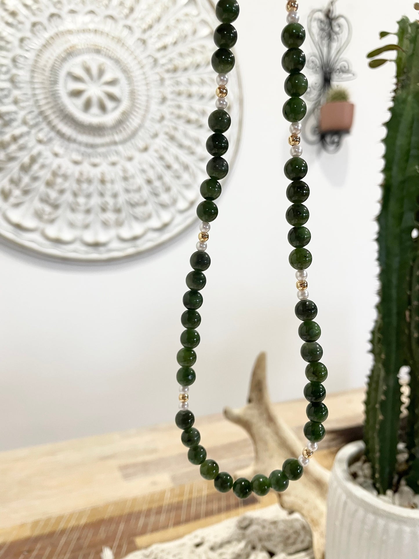 Canadian Jade & Pearl gold electroplated necklace