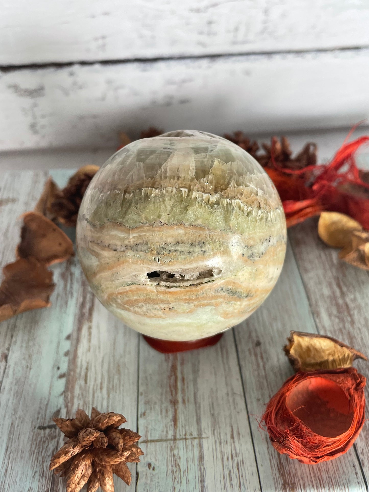 Green Caribbean Calcite Sphere Includes Wooden Holder