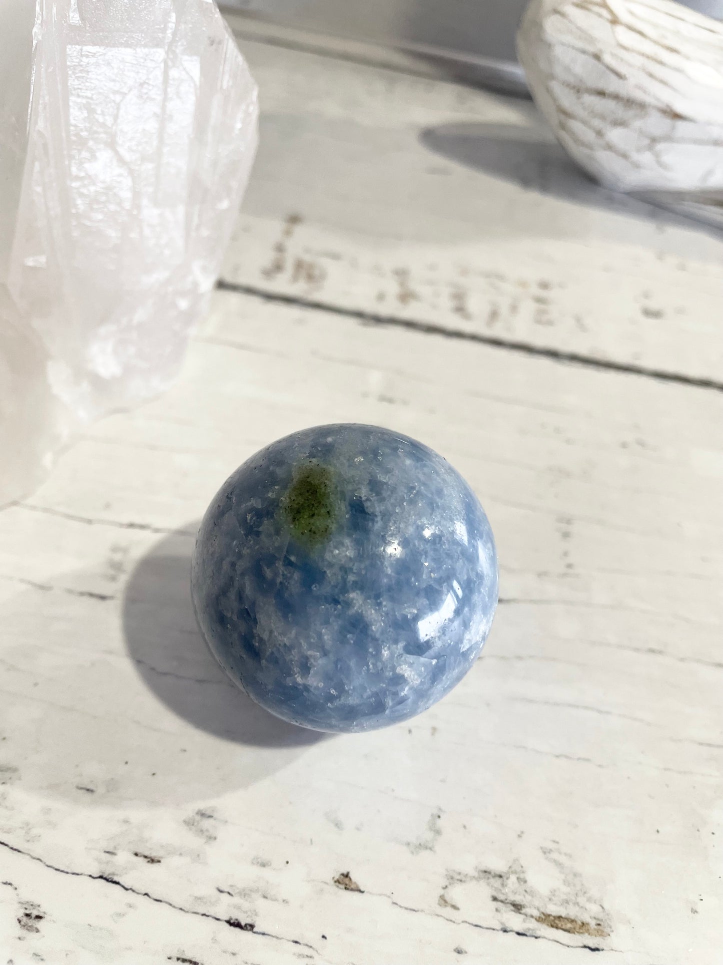 Blue Calcite Sphere Includes Wooden Holder