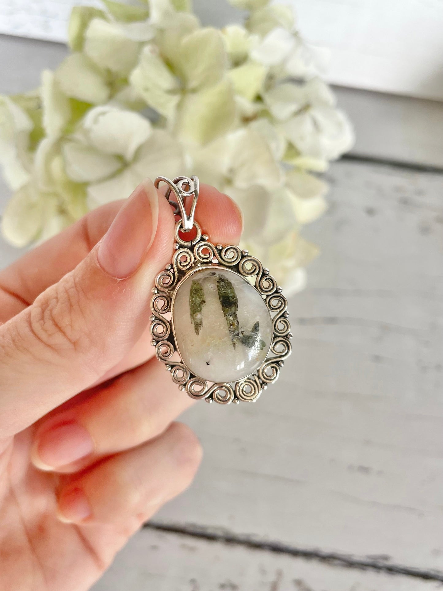 Green Tourmaline in Quartz Pendant